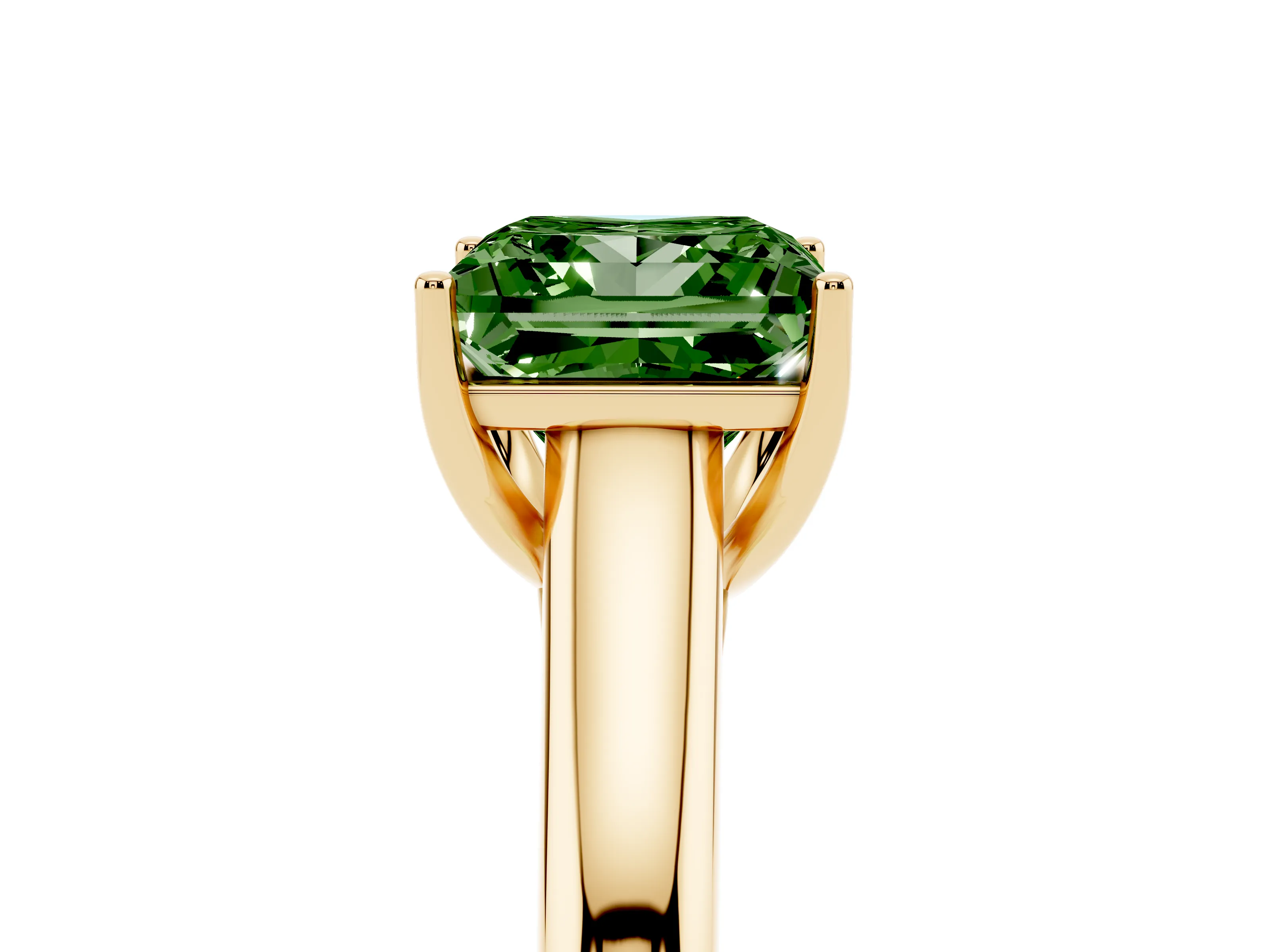 Fancy Green Princess Cut Diamond Solitaire Engagement Ring Set in Yellow gold with Subtly Tapered Band and Prong Setting