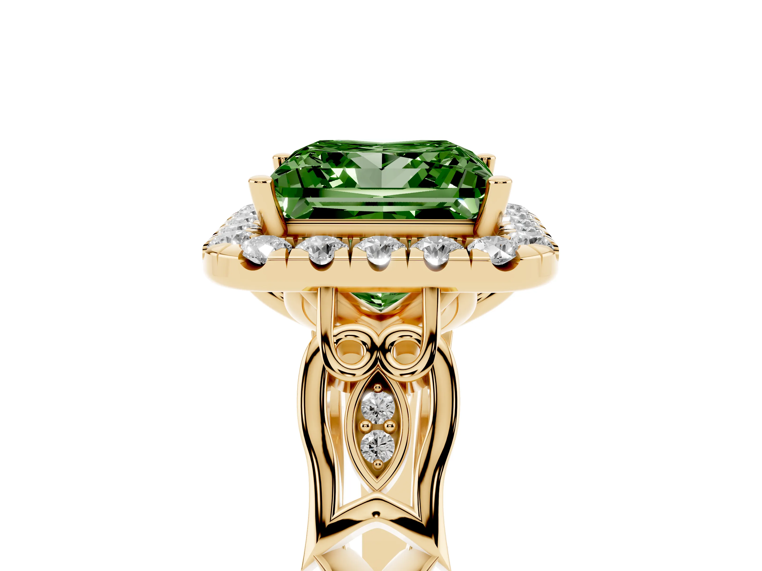Fancy Green Princess Cut Diamond Halo Engagement Ring Set in Yellow gold with Filigree Band and Prong-Set Center