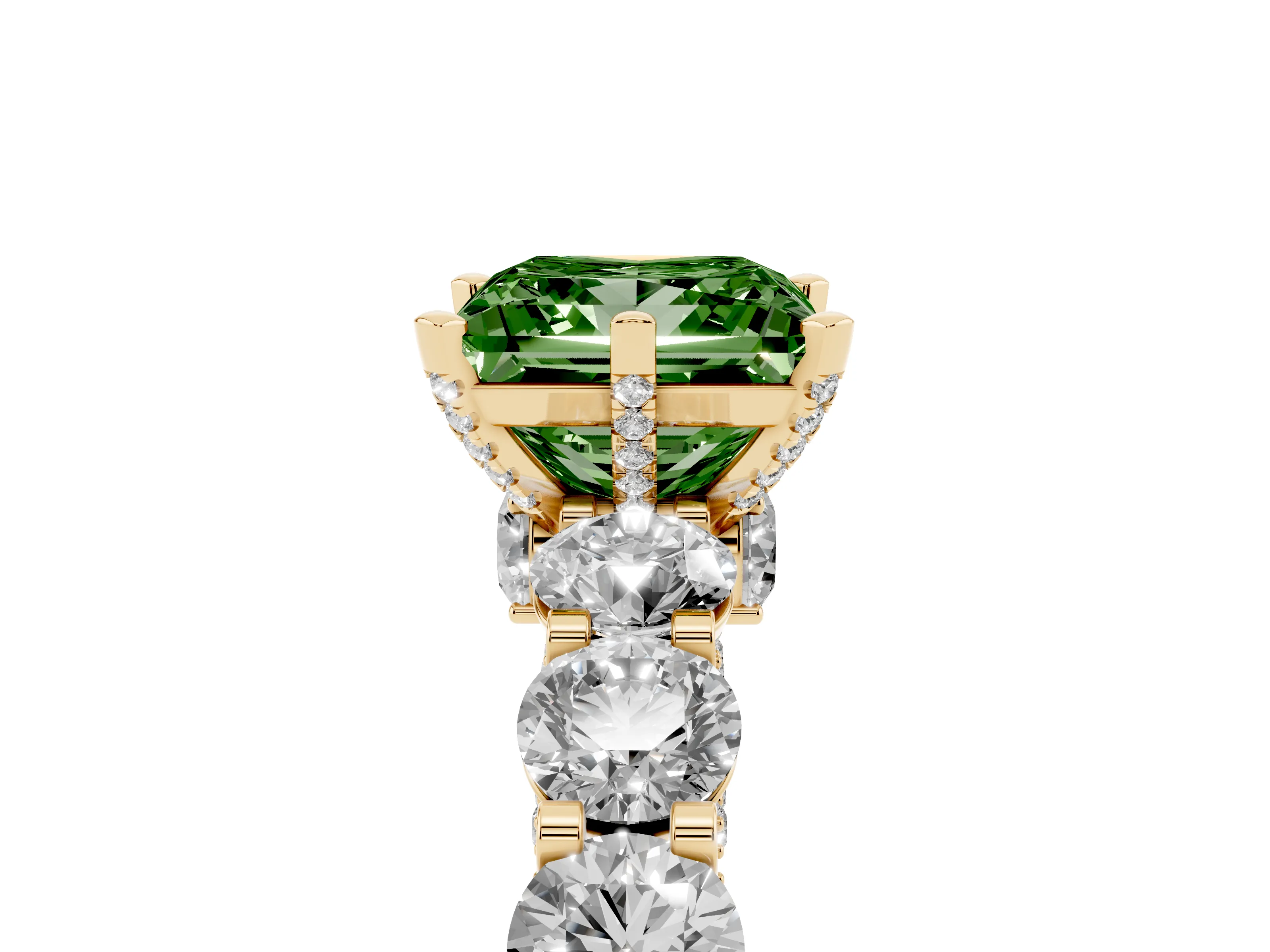 Fancy Green Princess Cut Diamond Side Stone Ring Set in Yellow gold with Alternating Round and Oval Side Stones
