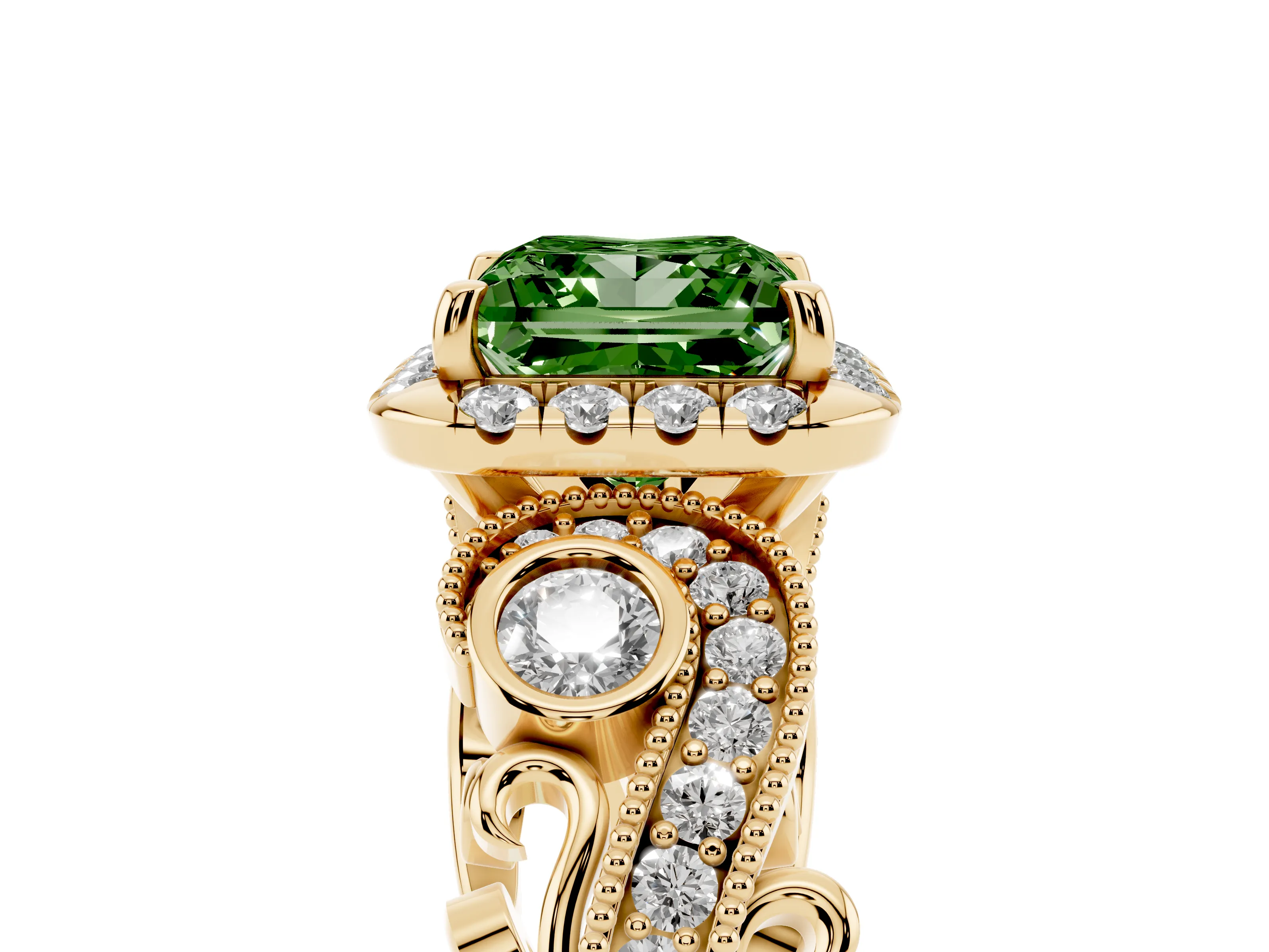 Fancy Green Princess Cut Diamond Halo Split Shank Ring Set in Yellow gold with Milgrain and Bezel Accents
