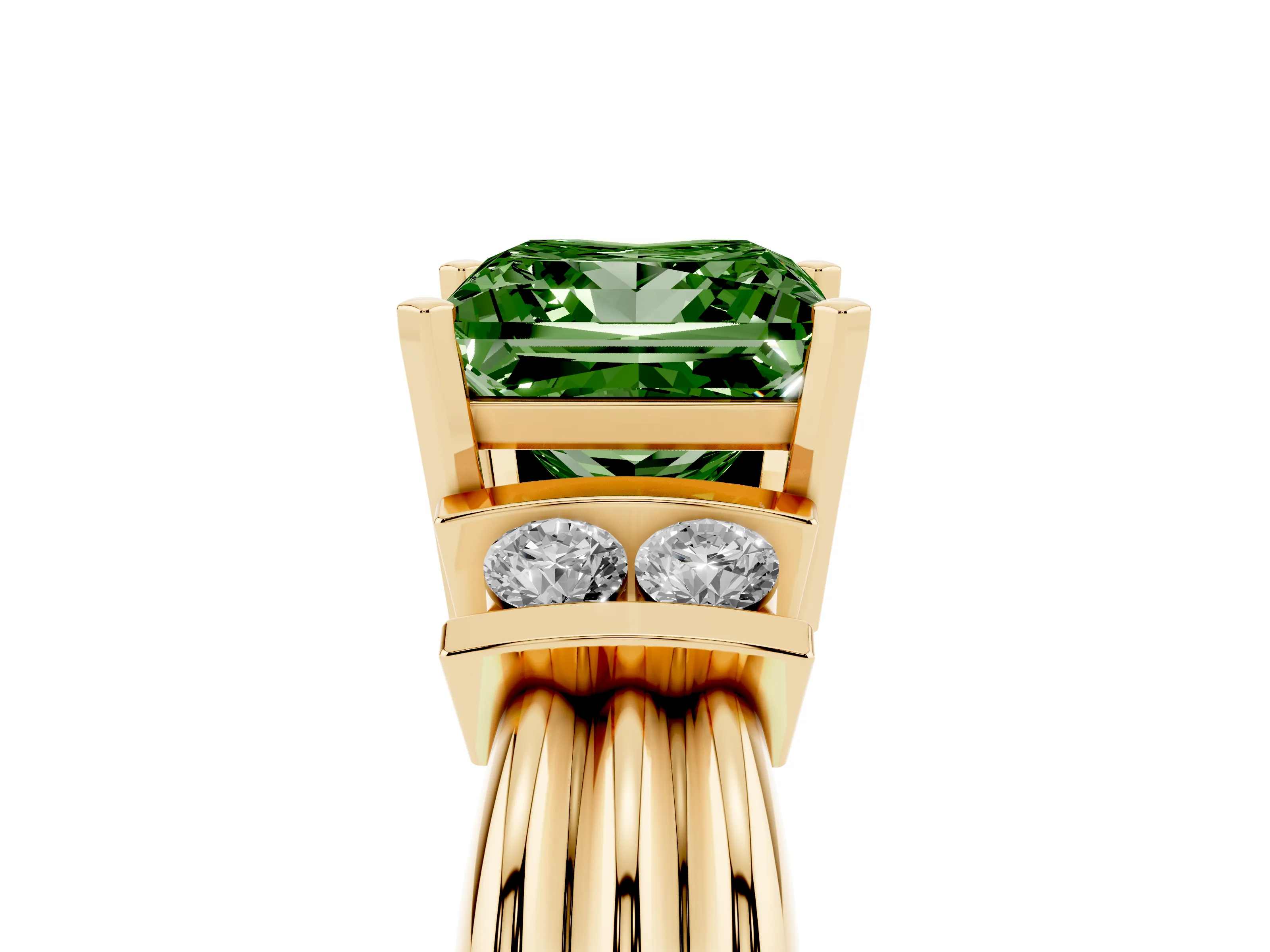 Fancy Green Three-Stone Princess Cut Diamond Channel Set Ring Set in Yellow gold with Bar Prongs
