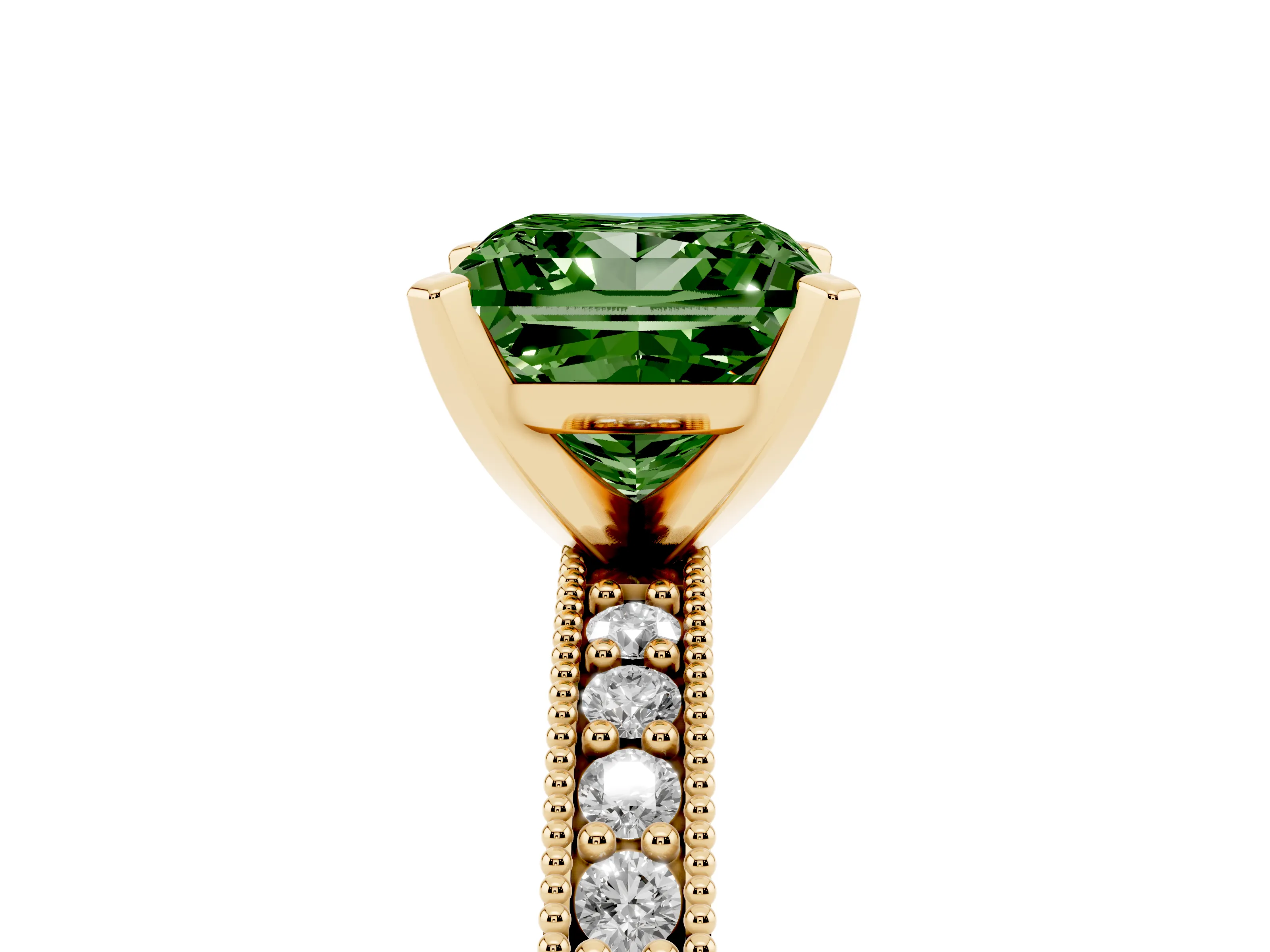 Fancy Green Princess Cut Diamond Milgrain Pavé Engagement Ring Set in Yellow gold with Prong Setting