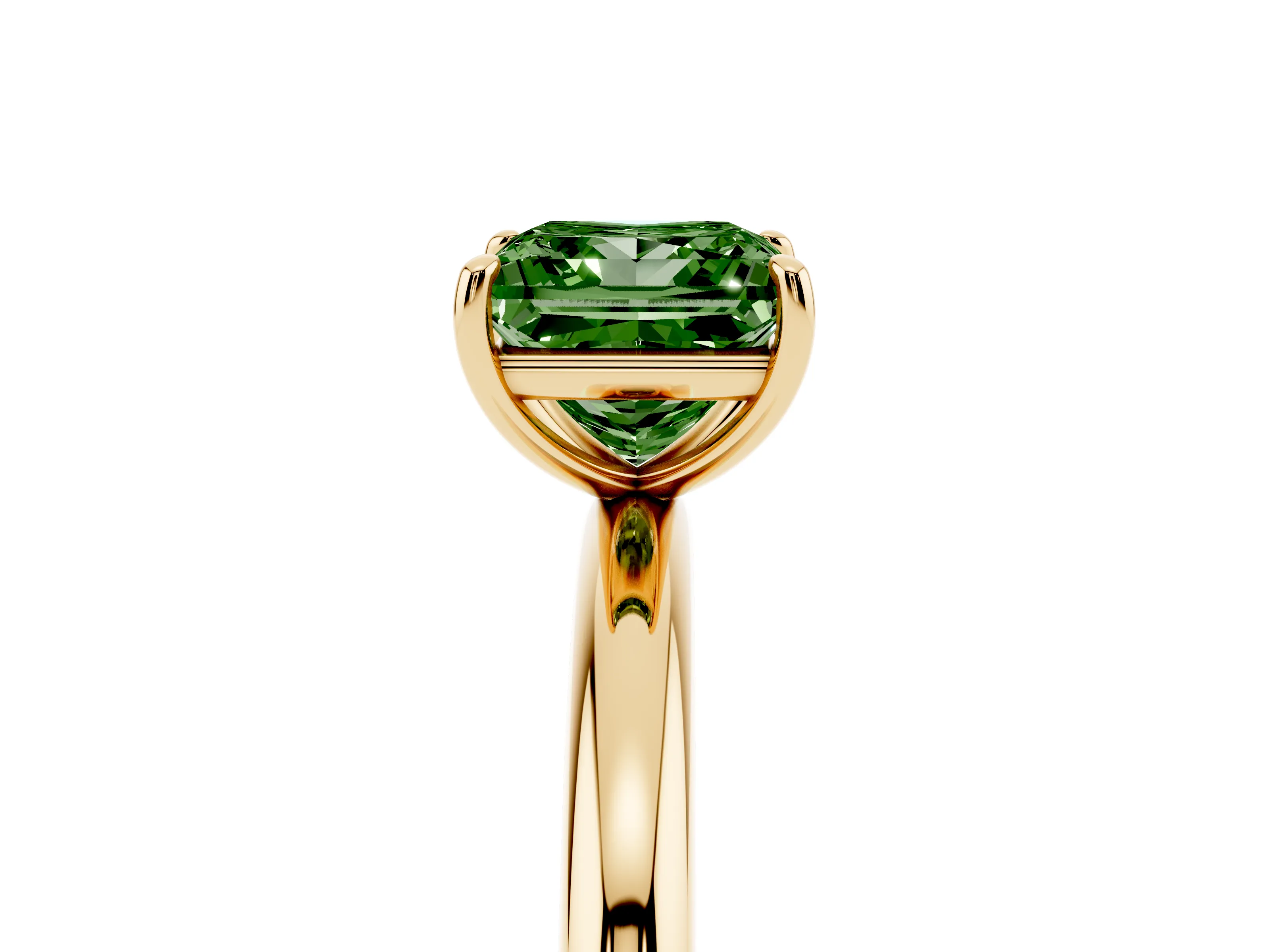 Fancy Green Princess Cut Diamond Solitaire Ring Set in Yellow gold with Prong Setting on a Polished Plain Band