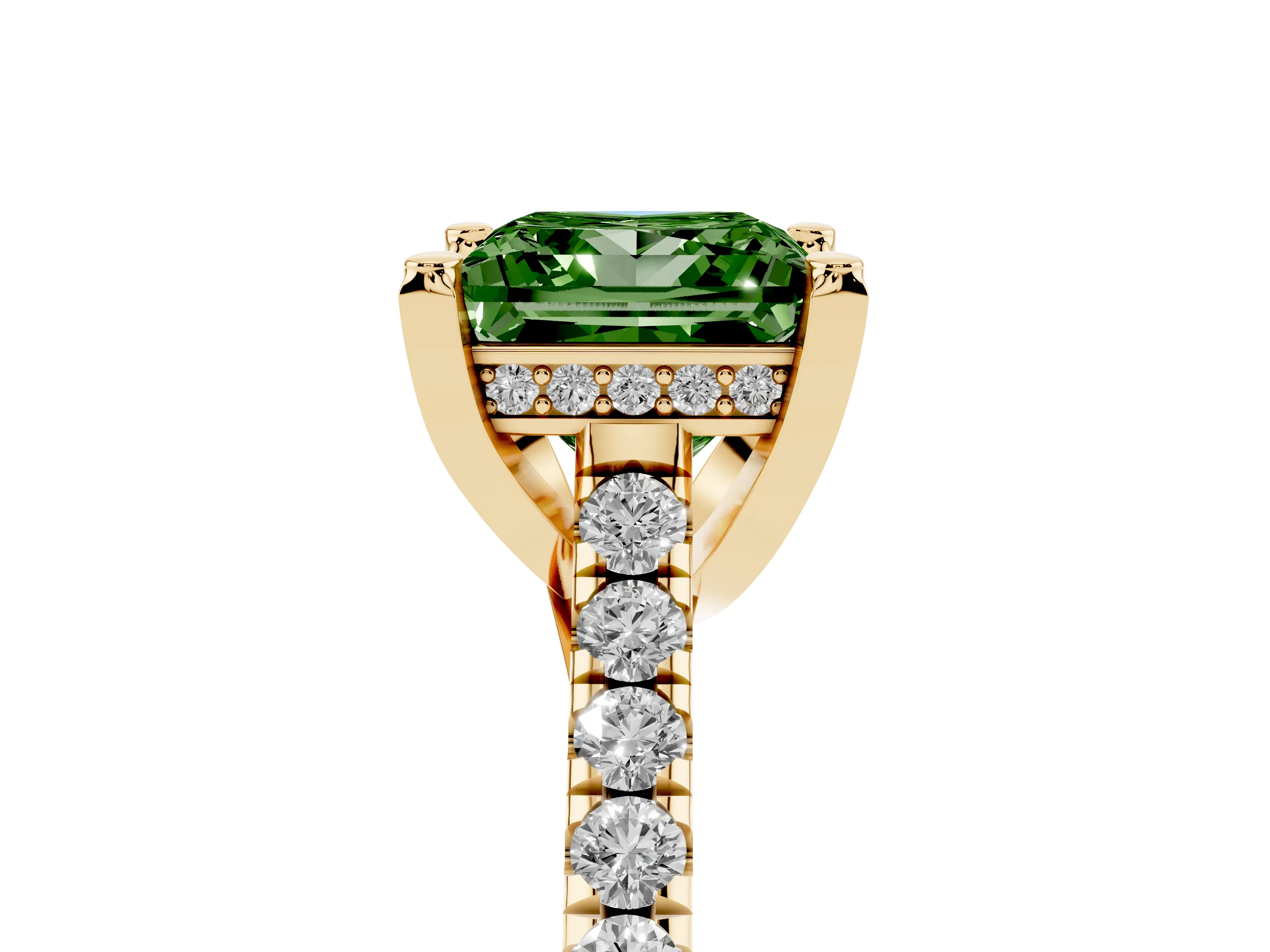 Fancy Green Princess Cut Diamond Solitaire Ring Set in Yellow gold with Brilliant Pavé Band and Prong Setting