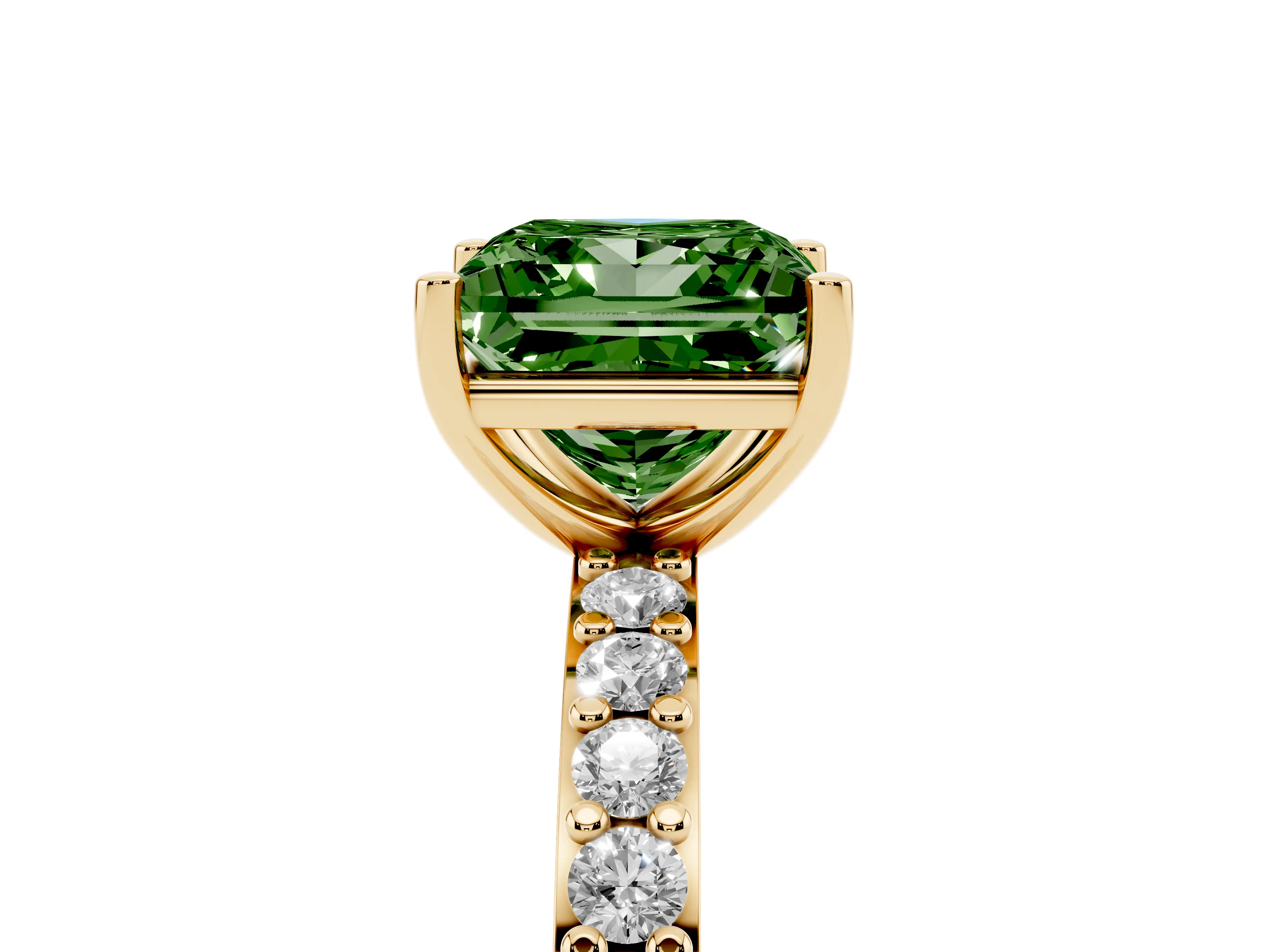 Fancy Green Princess Cut Diamond Solitaire Set in Yellow gold with Round Pavé Band and Prong Setting
