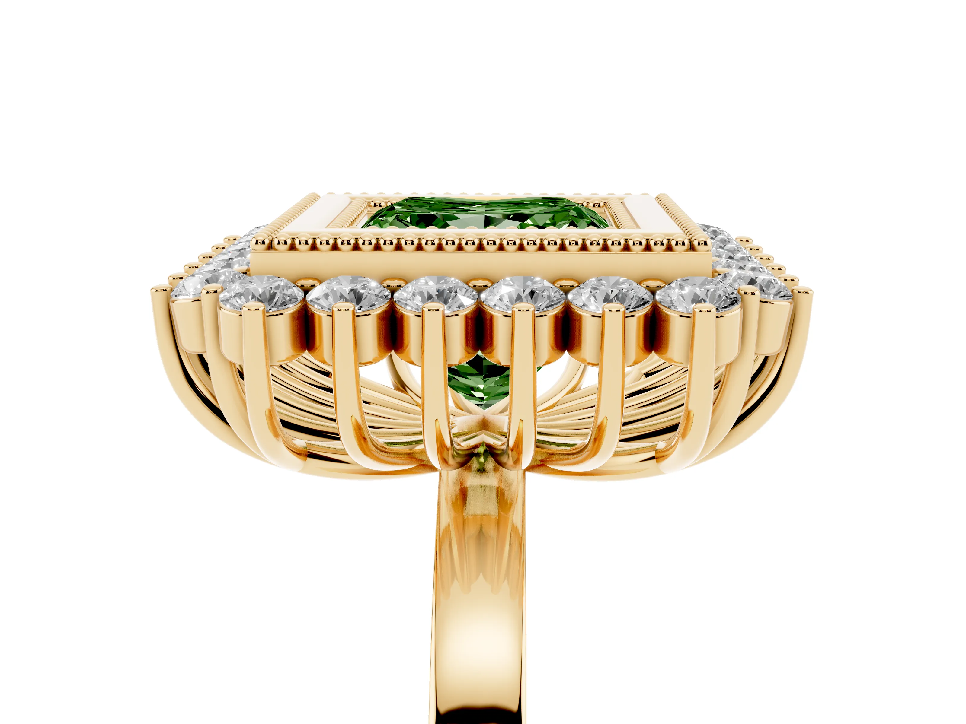 Fancy Green Princess Cut Diamond Halo Ring Set in Yellow gold with Milgrain Edge and Round Prong Setting