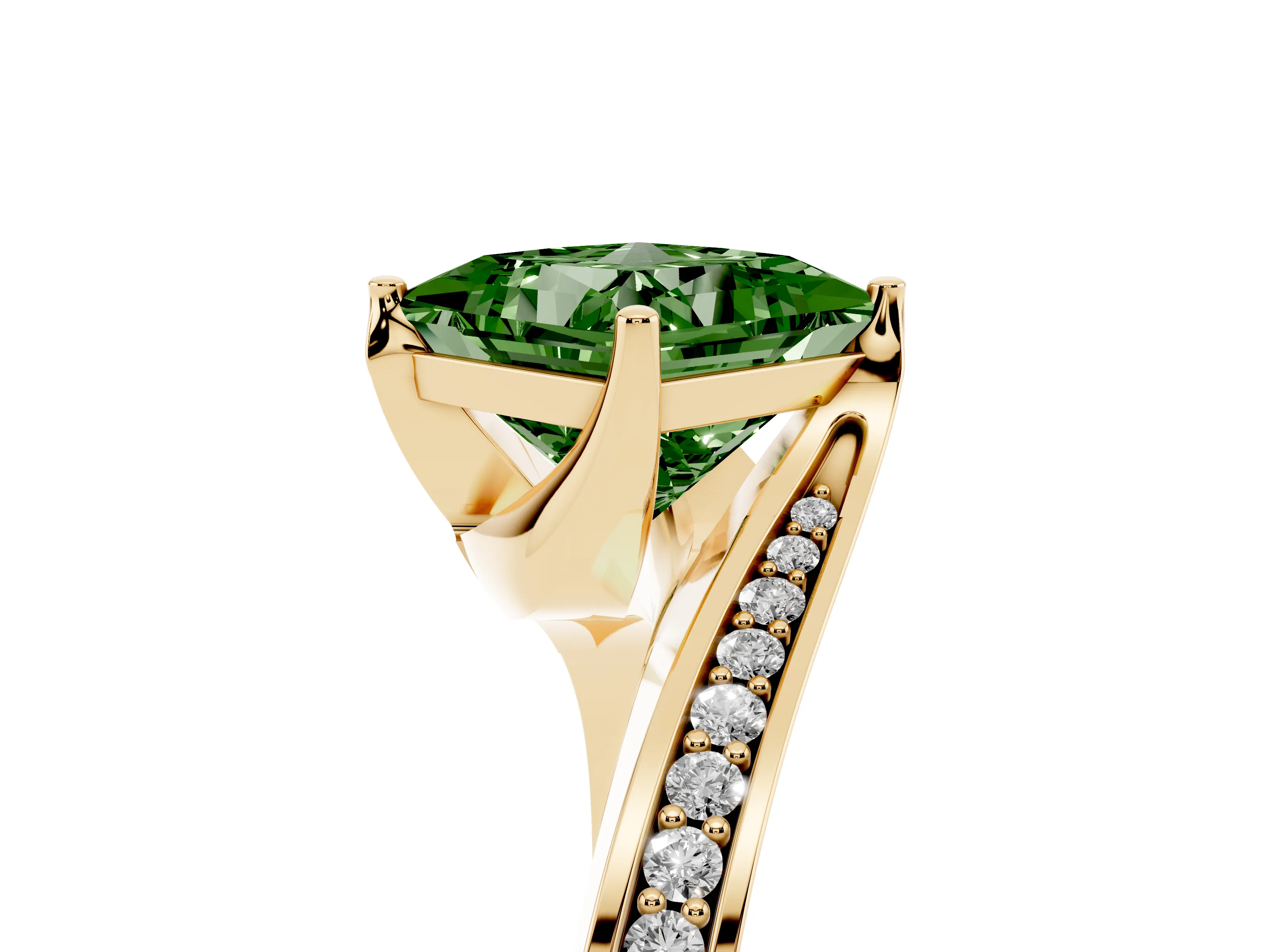 Fancy Green Princess Cut Diamond Solitaire Ring Set in Yellow gold with Intertwined Pavé Twist Band