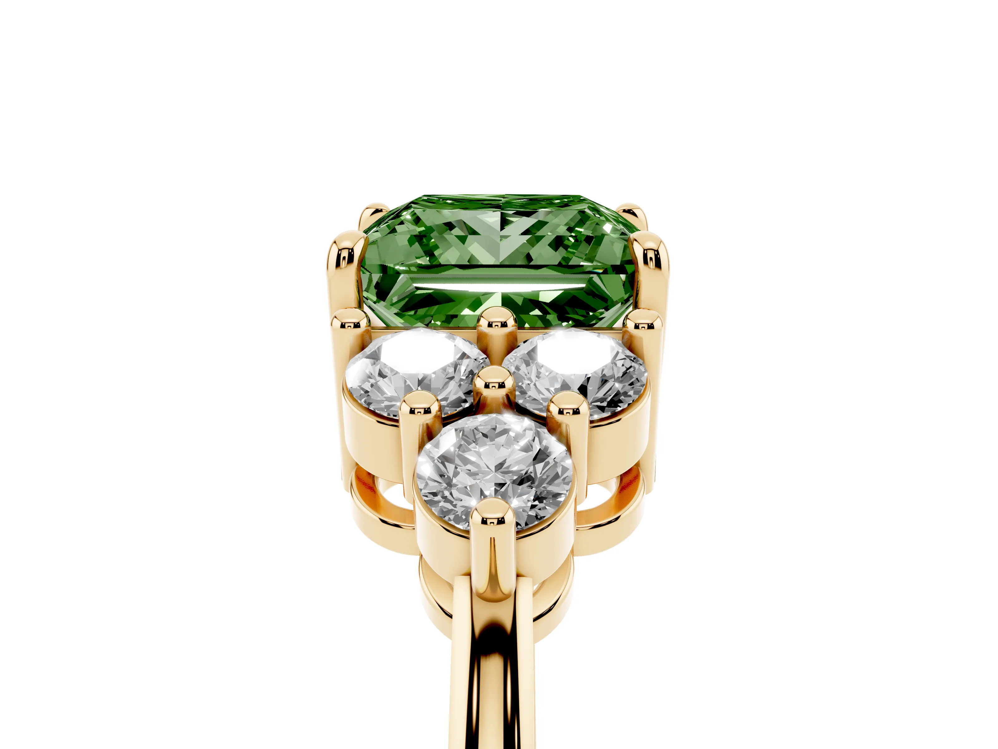 Fancy Green Princess Cut Diamond Solitaire Ring Set in Yellow gold with Cluster Accents on Each Side