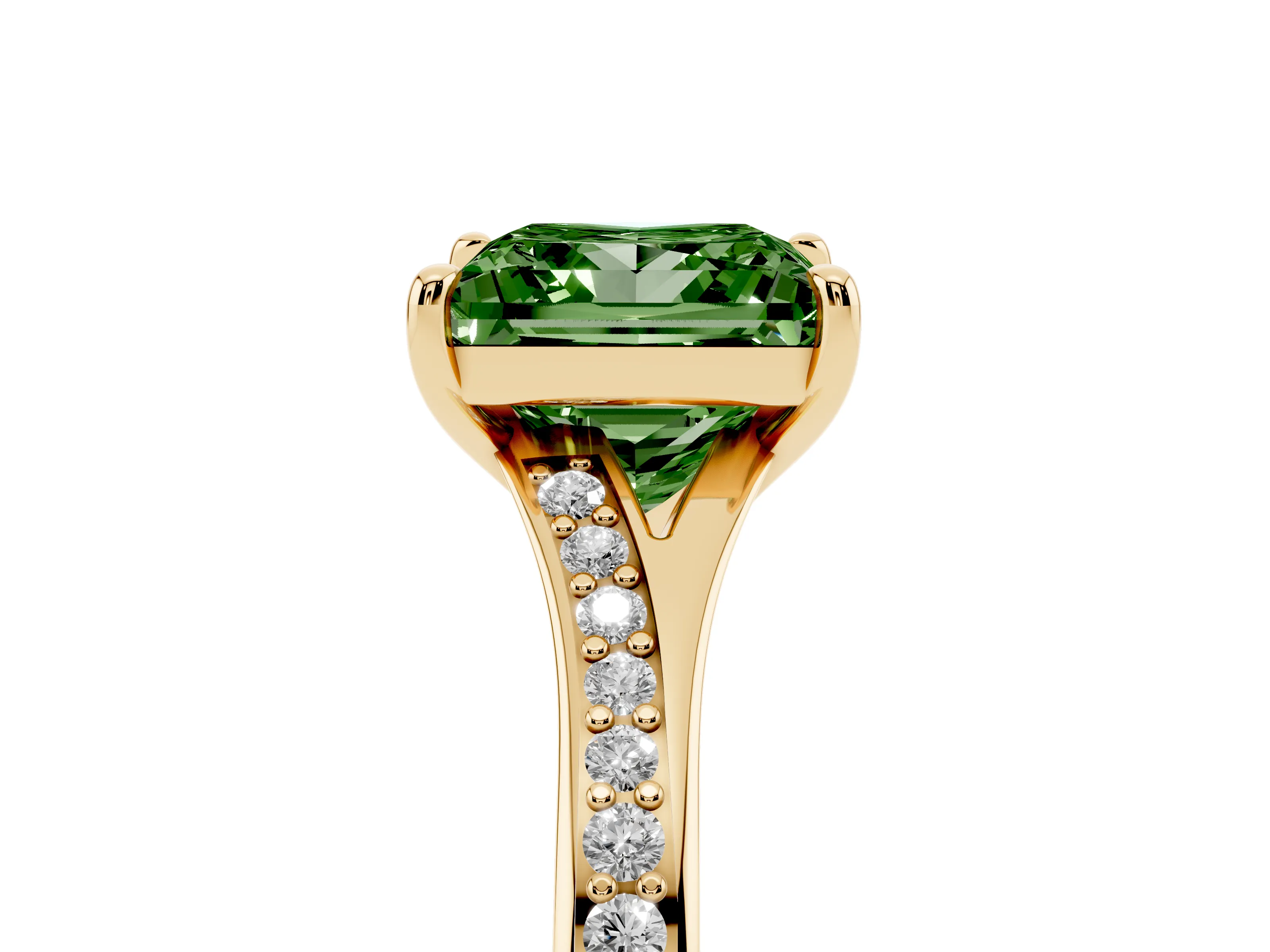 Fancy Green Princess Cut Diamond Solitaire Ring Set in Yellow gold with Pavé Accent Band and Classic Prong Setting
