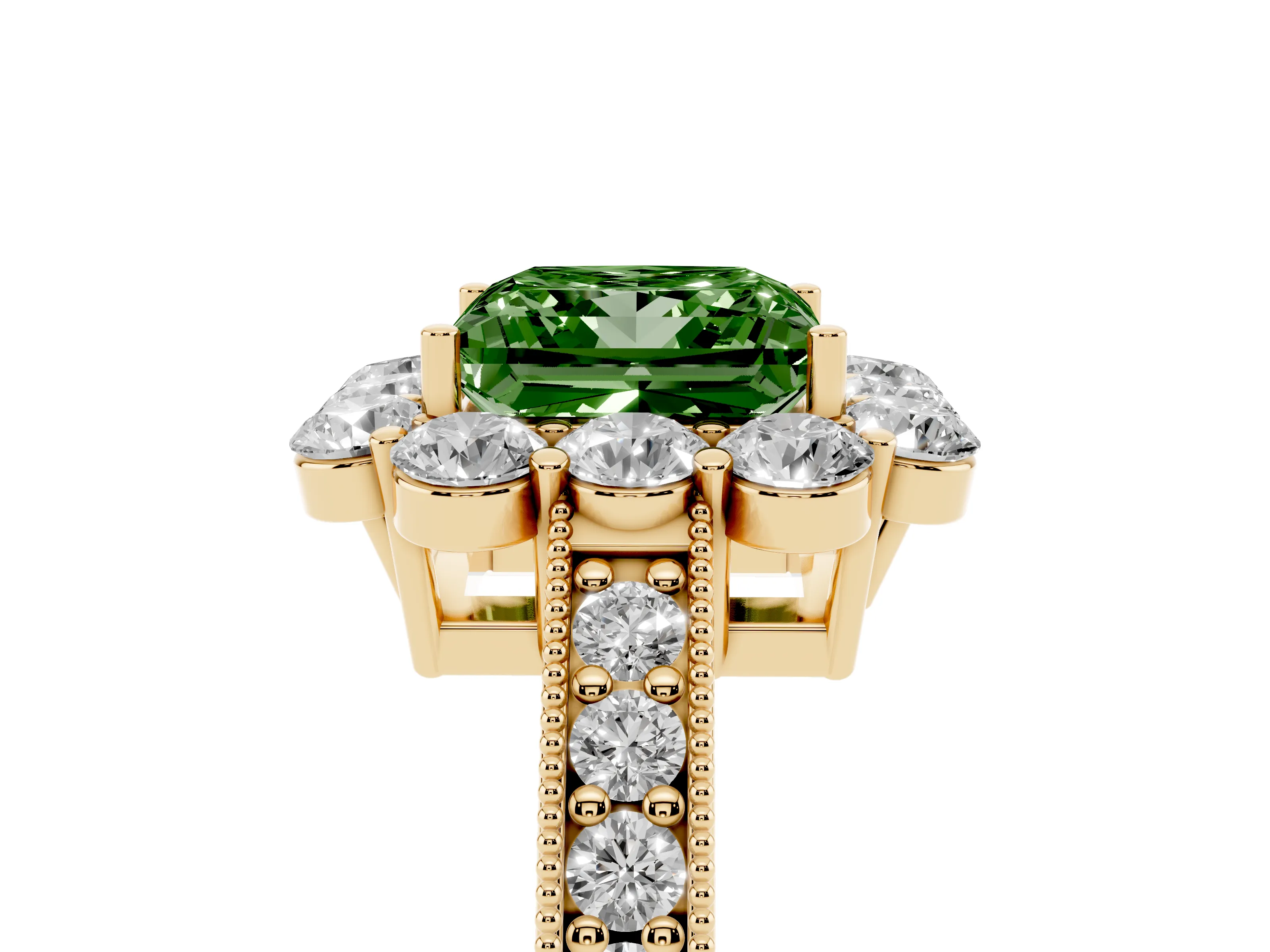 Fancy Green Princess Cut Diamond Halo Pavé Engagement Ring Set in Yellow gold with Milgrain Detailing