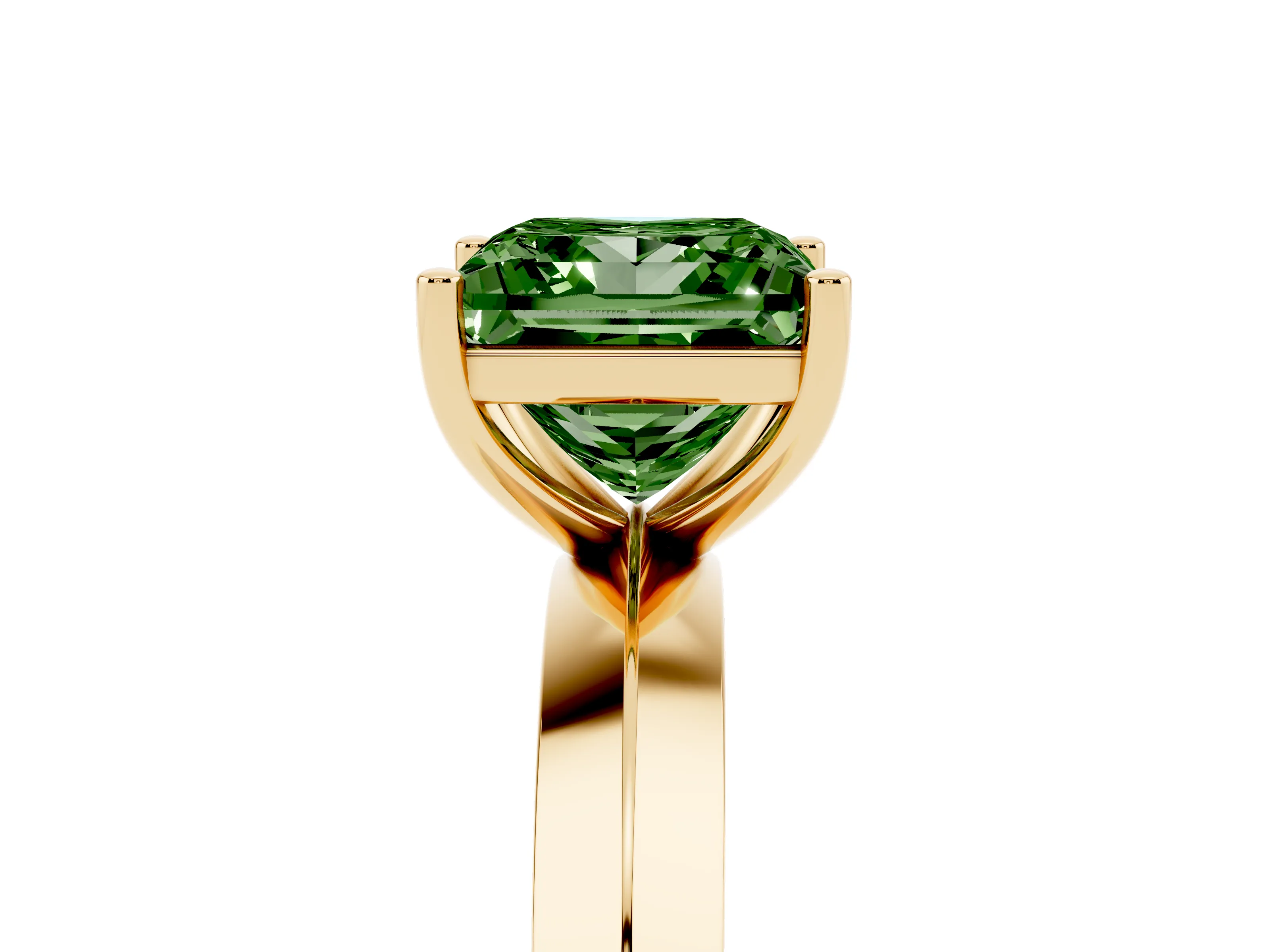Fancy Green Princess Cut Diamond Solitaire Engagement Ring Set in Yellow gold with Flat Band and Prong Setting