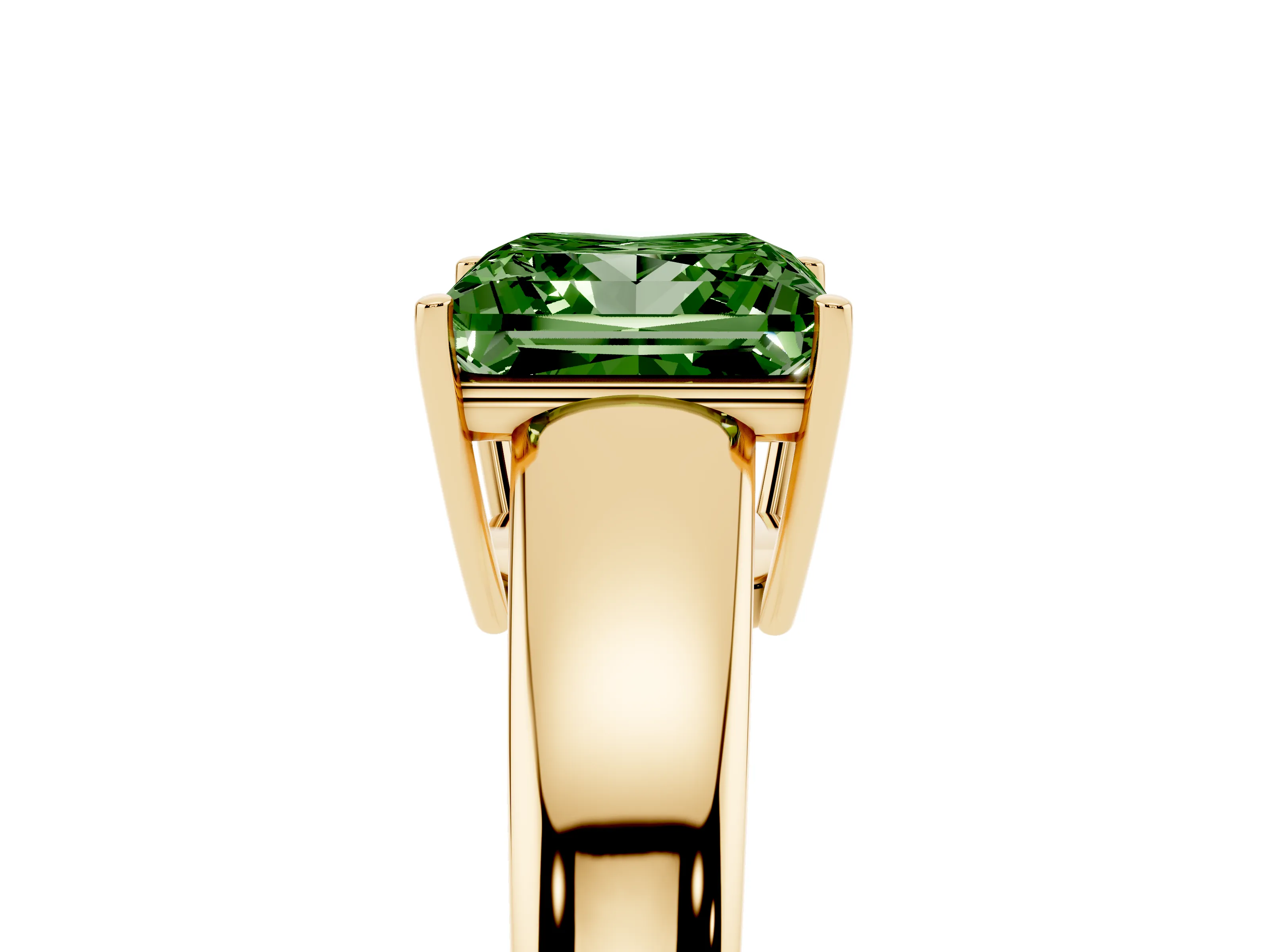 Fancy Green Princess Cut Diamond Solitaire Ring Set in Yellow gold with Tapered Band and Prong Setting