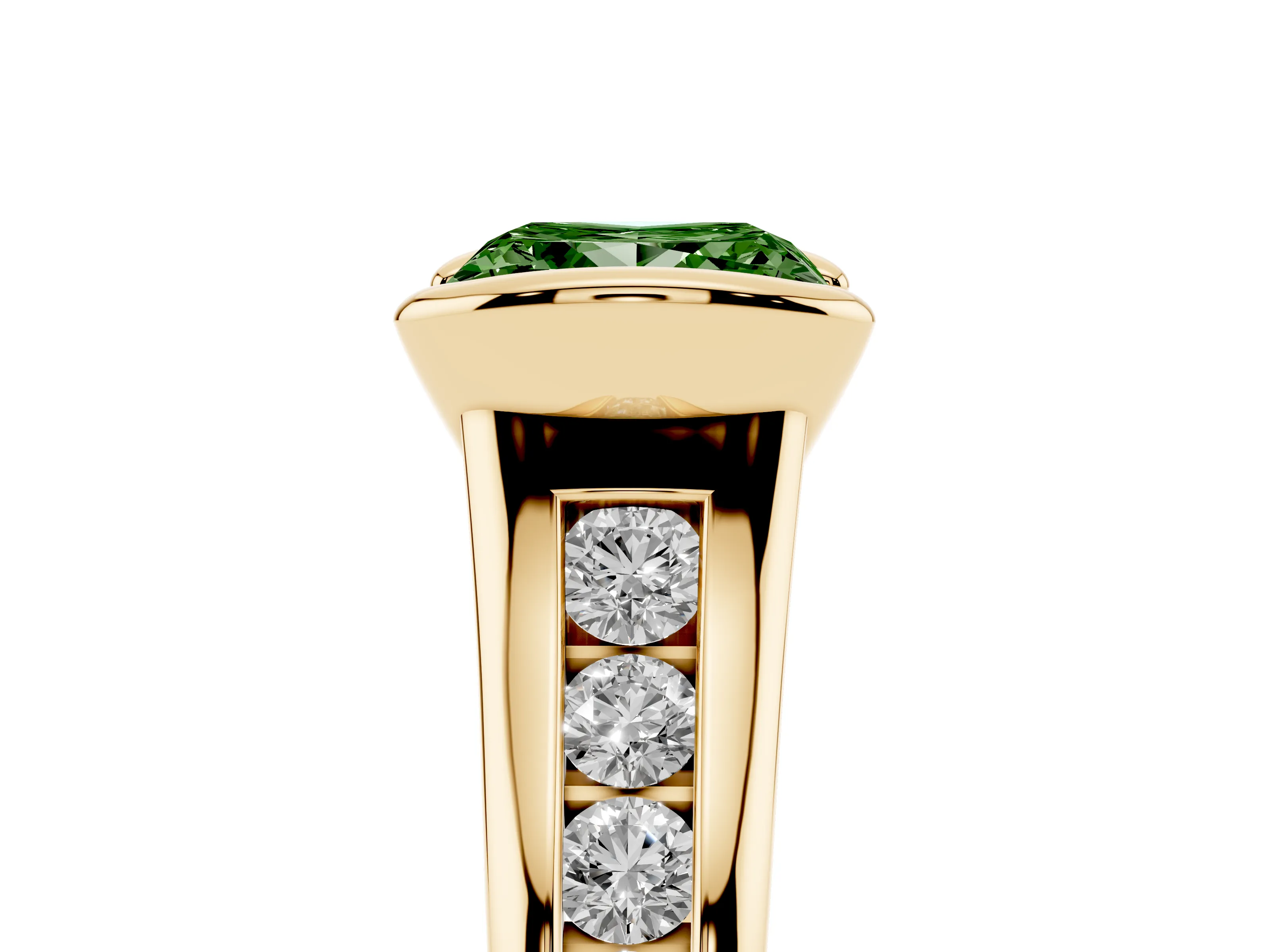 Fancy Green Princess Cut Diamond Bezel-Set Solitaire Ring Set in Yellow gold with Channel-Set Band