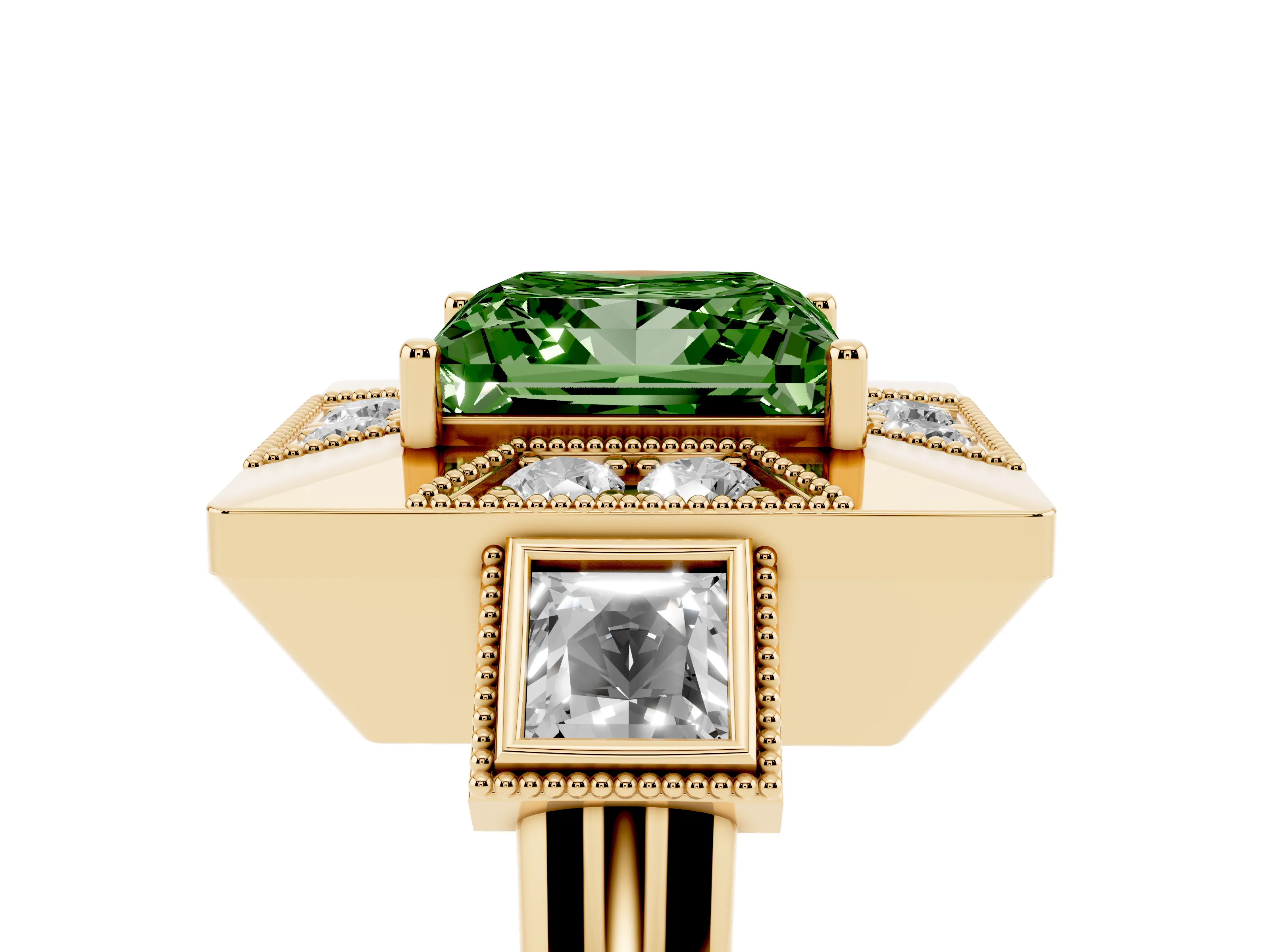 Fancy Green Princess Cut Diamond Milgrain Halo Ring Set in Yellow gold with Split Shank