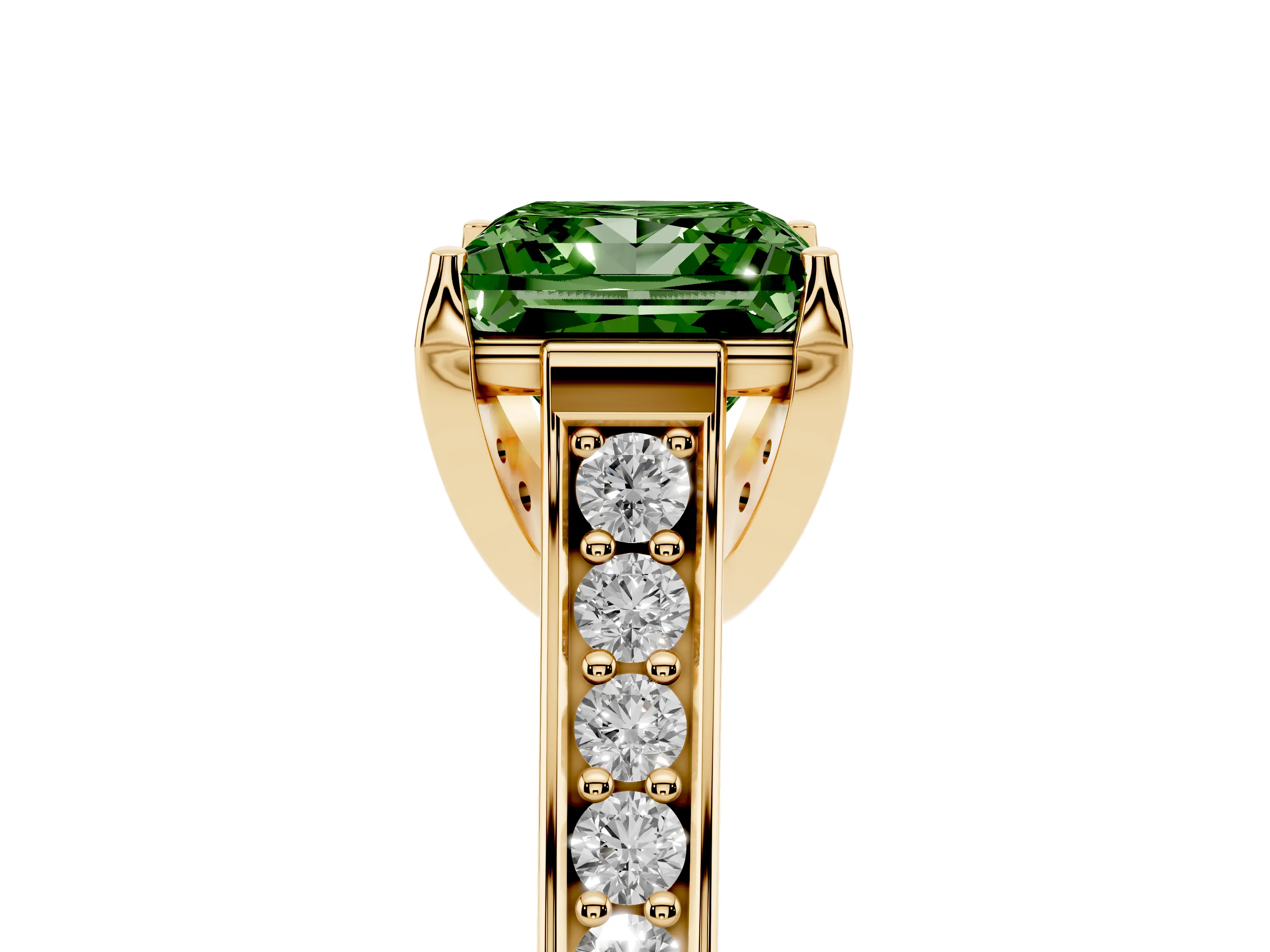 Fancy Green Princess Cut Diamond Solitaire Pavé Engagement Ring Set in Yellow gold with Prong Setting