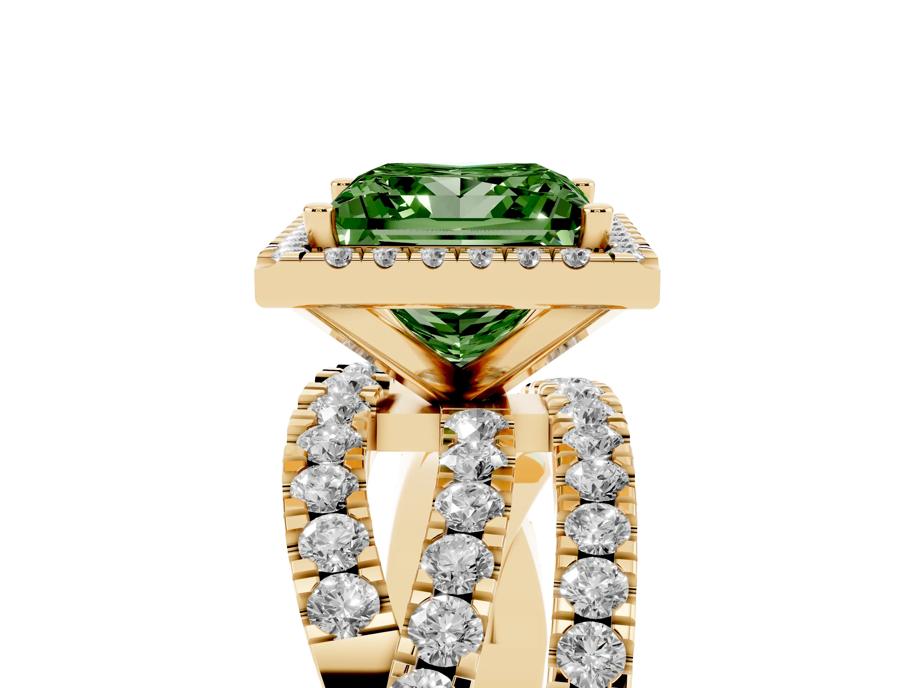 Fancy Green Princess Cut Diamond Halo Ring Set in Yellow gold with Round Crossover Split Shank and Prong Setting