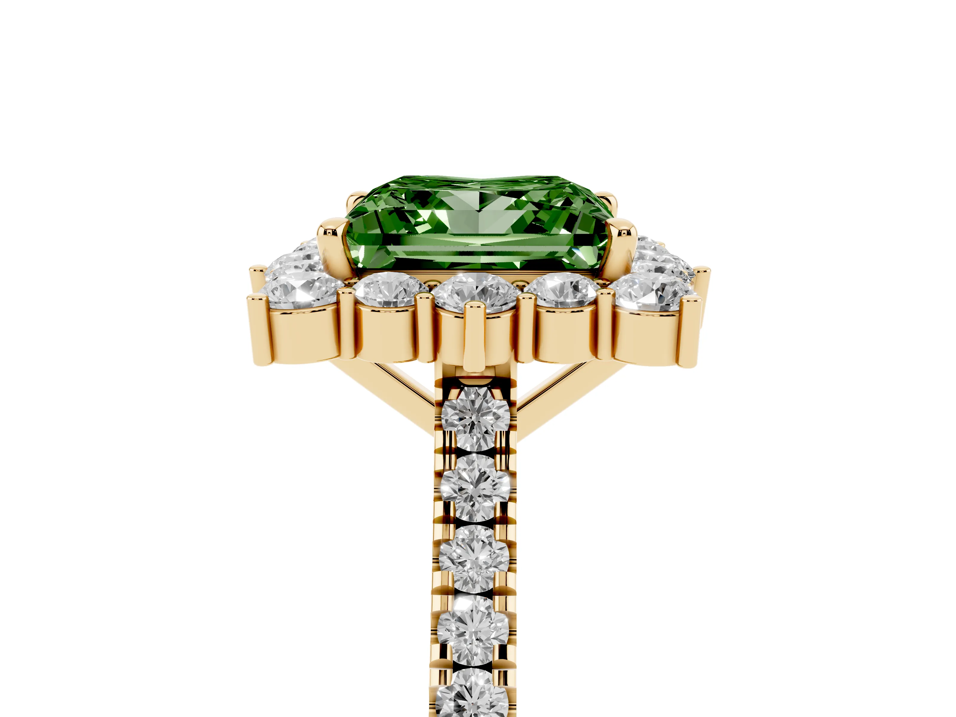 Fancy Green Princess Cut Diamond Halo Ring Set in Yellow gold with Pavé Band and Prong Setting