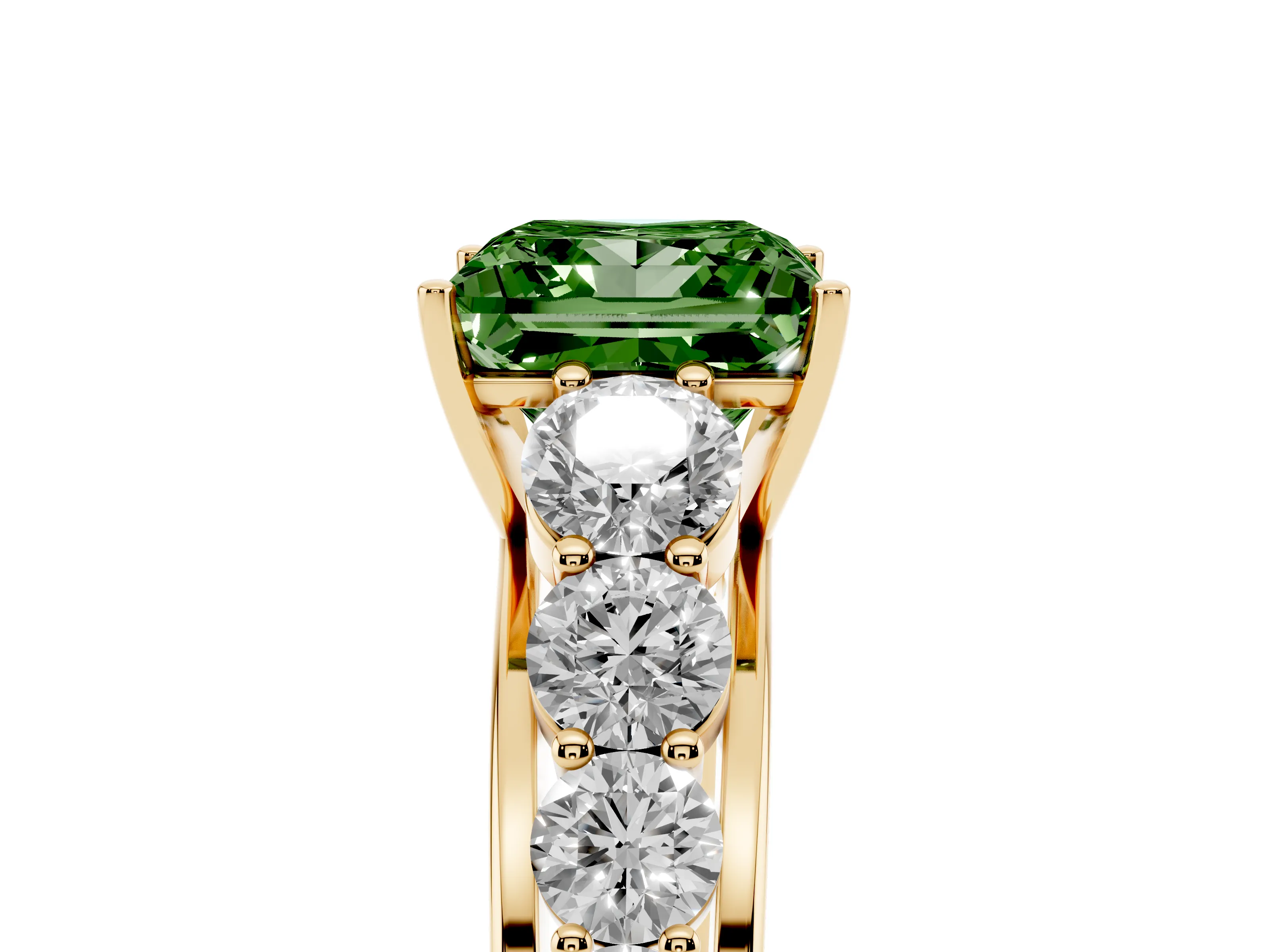 Fancy Green Princess Cut Diamond Solitaire Ring Set in Yellow gold with Pavé-Set Band and Prong Setting