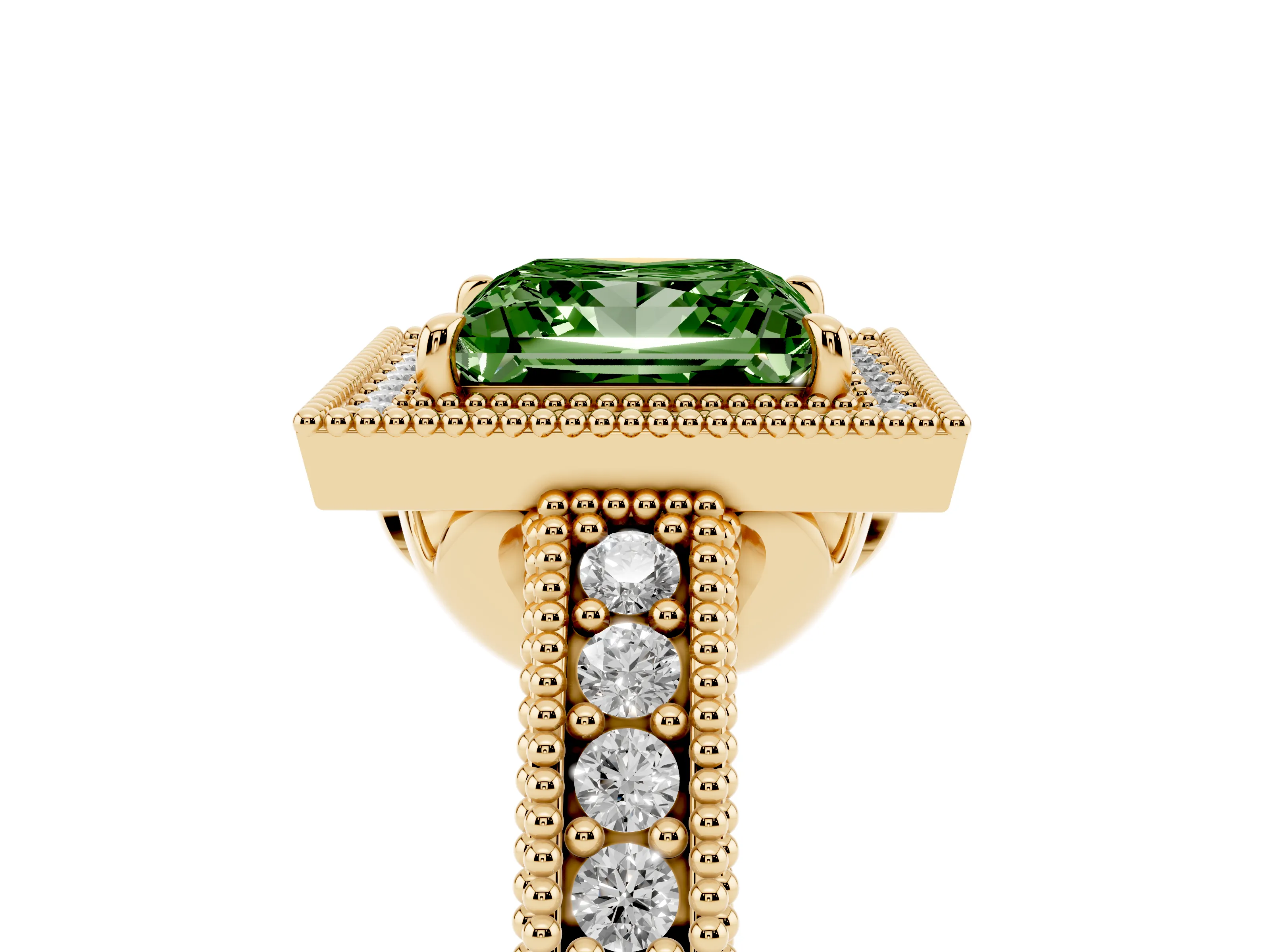 Fancy Green Princess Cut Diamond Halo Ring Set in Yellow gold with Round Accent Halo, Pavé Band and Prong Setting