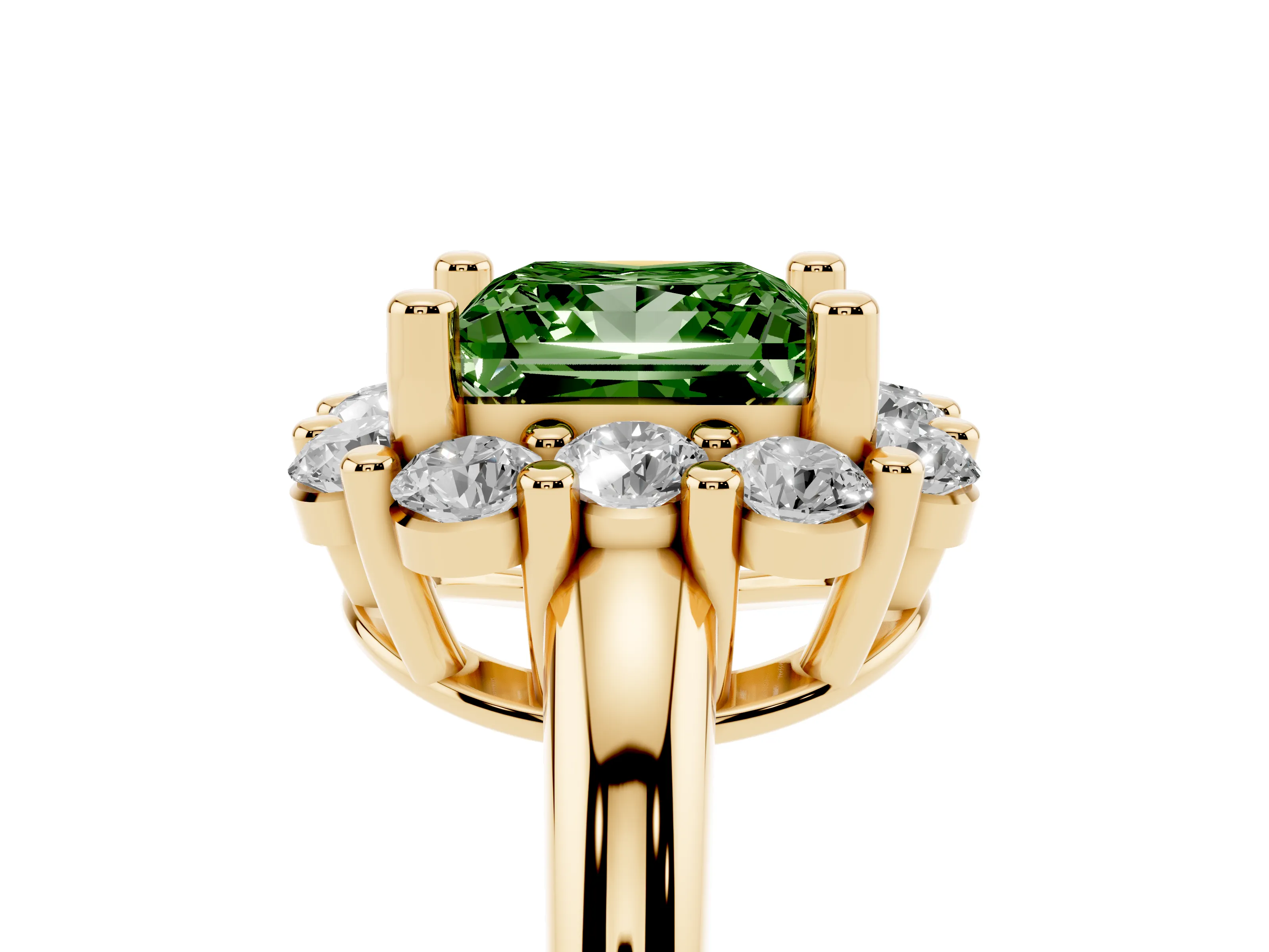 Fancy Green Princess Cut Diamond Halo Cluster Engagement Ring Set in Yellow gold with Polished Band and Prong Setting