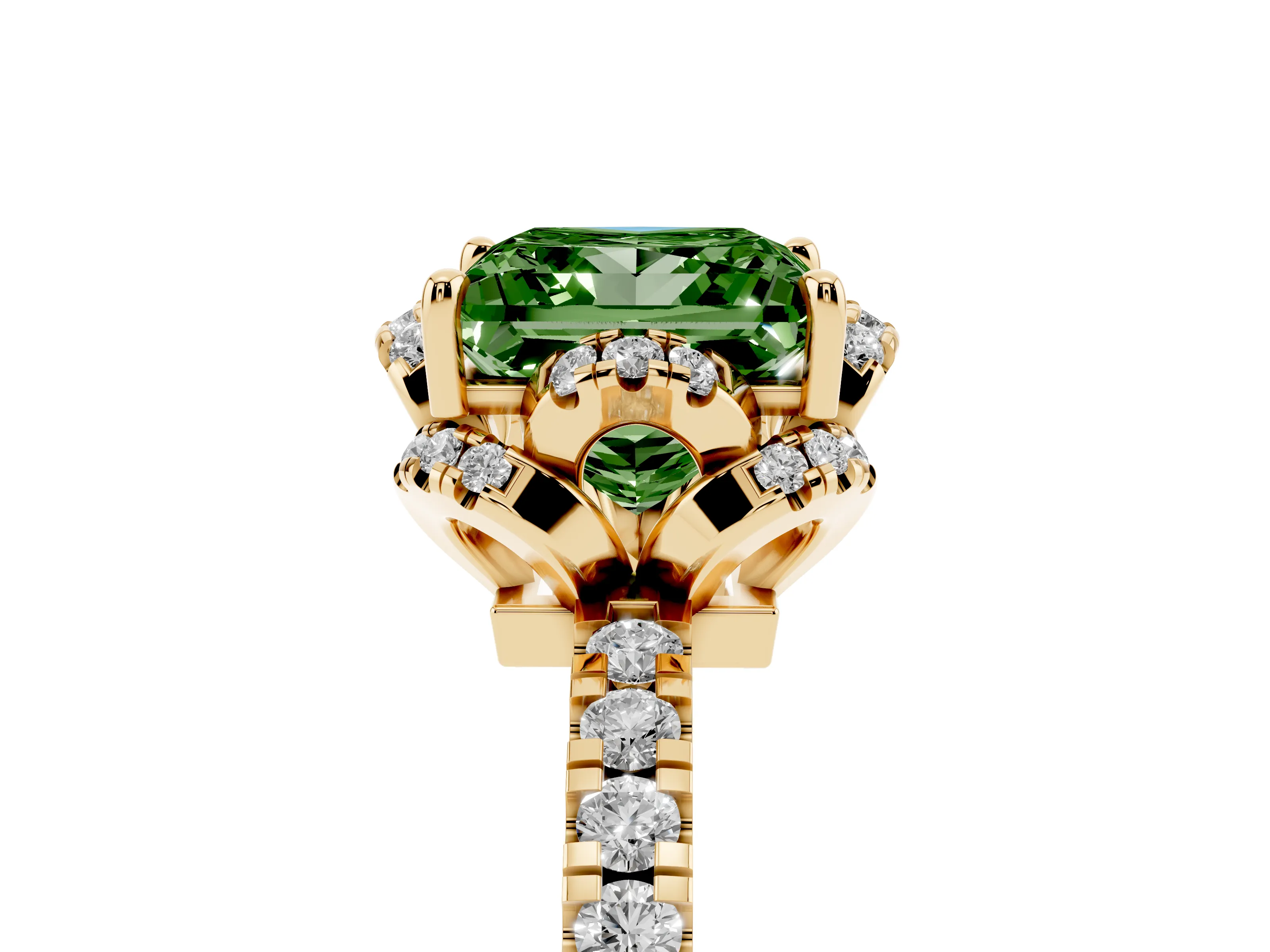 Fancy Green Princess Cut Diamond Halo Pavé Band Ring Set in Yellow gold with Prong-Held Center