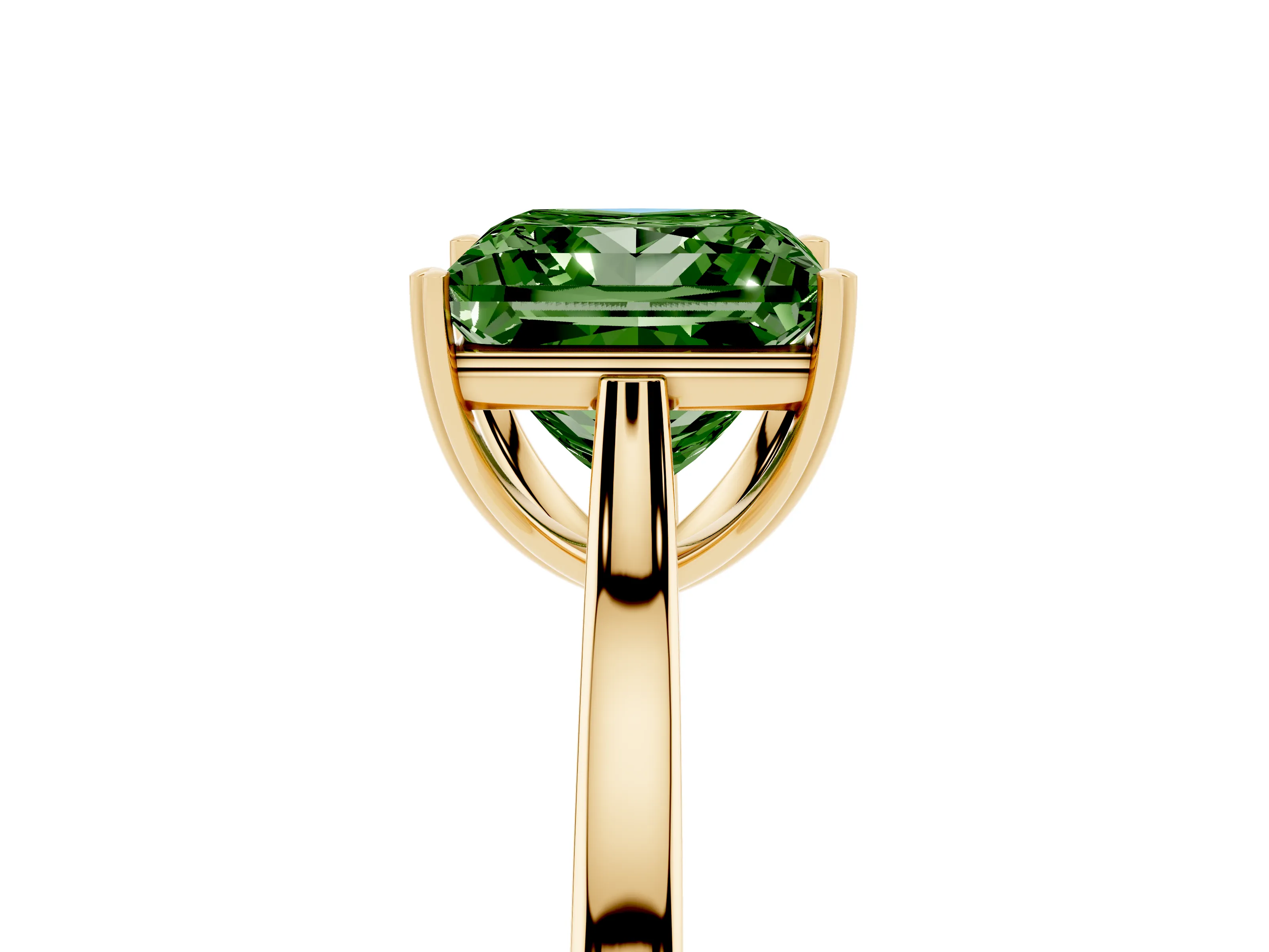 Fancy Green Princess Cut Diamond Solitaire Heart Prong Engagement Ring Set in Yellow gold with Tapered Band