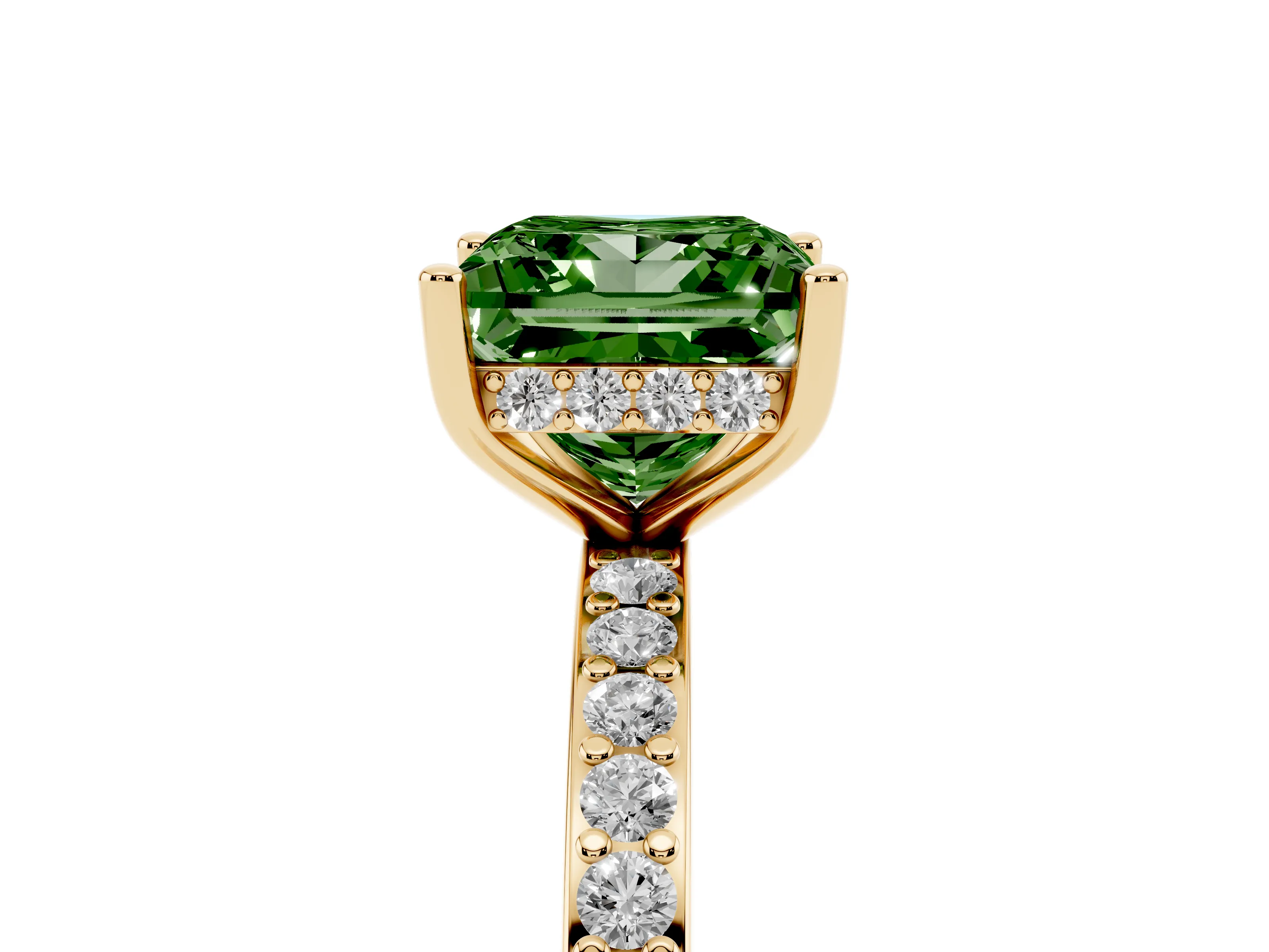 Fancy Green Princess Cut Diamond Pavé Band Ring Set in Yellow gold with Prong-Set Center Stone
