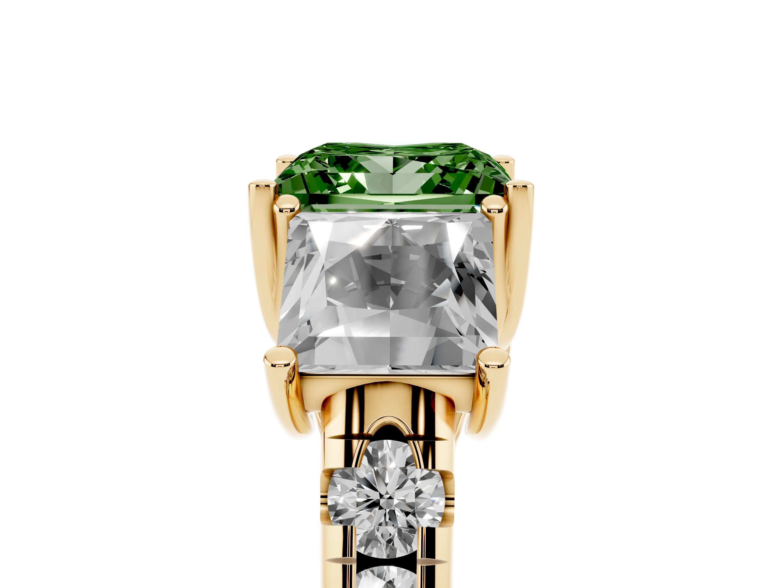 Fancy Green Princess Cut Diamond Three-Stone Ring Set in Yellow gold with Pavé Band