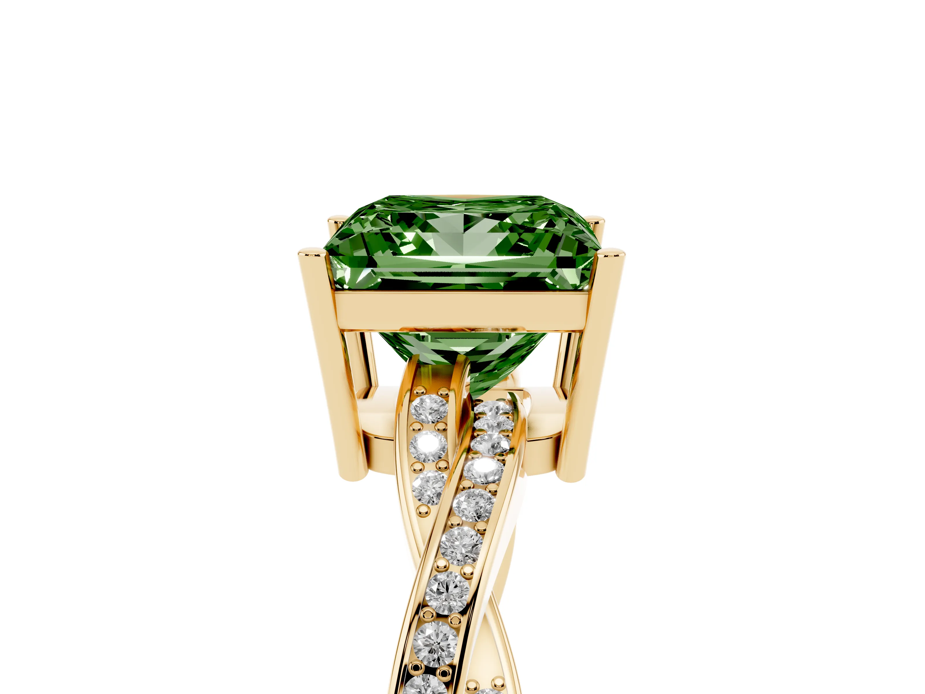 Fancy Green Princess Cut Diamond Solitaire Twisted Pavé Ring Set in Yellow gold with Prong Setting