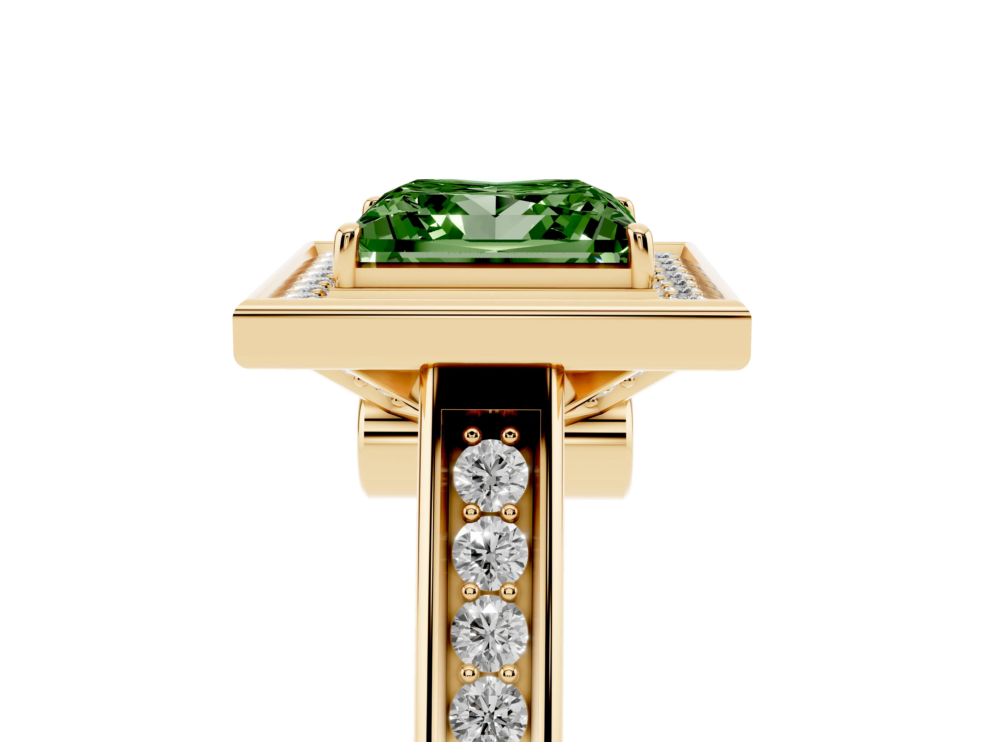 Fancy Green Princess Cut Diamond Halo Solitaire Ring Set in Yellow gold with Pavé Band and Bezel Setting