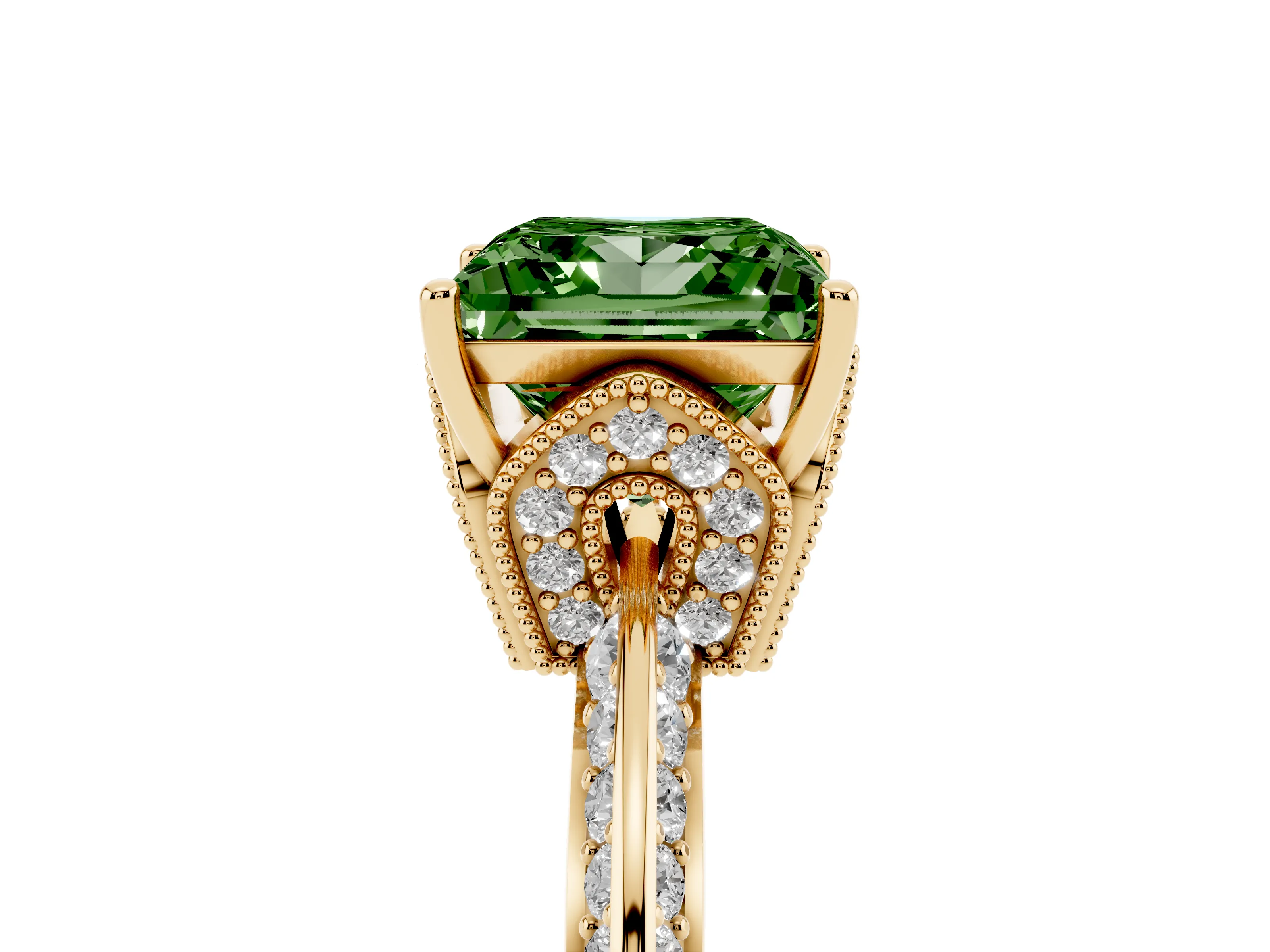 Fancy Green Princess Cut Diamond Solitaire Engagement Ring Set in Yellow gold with Pavé Split Shank and Prong Setting