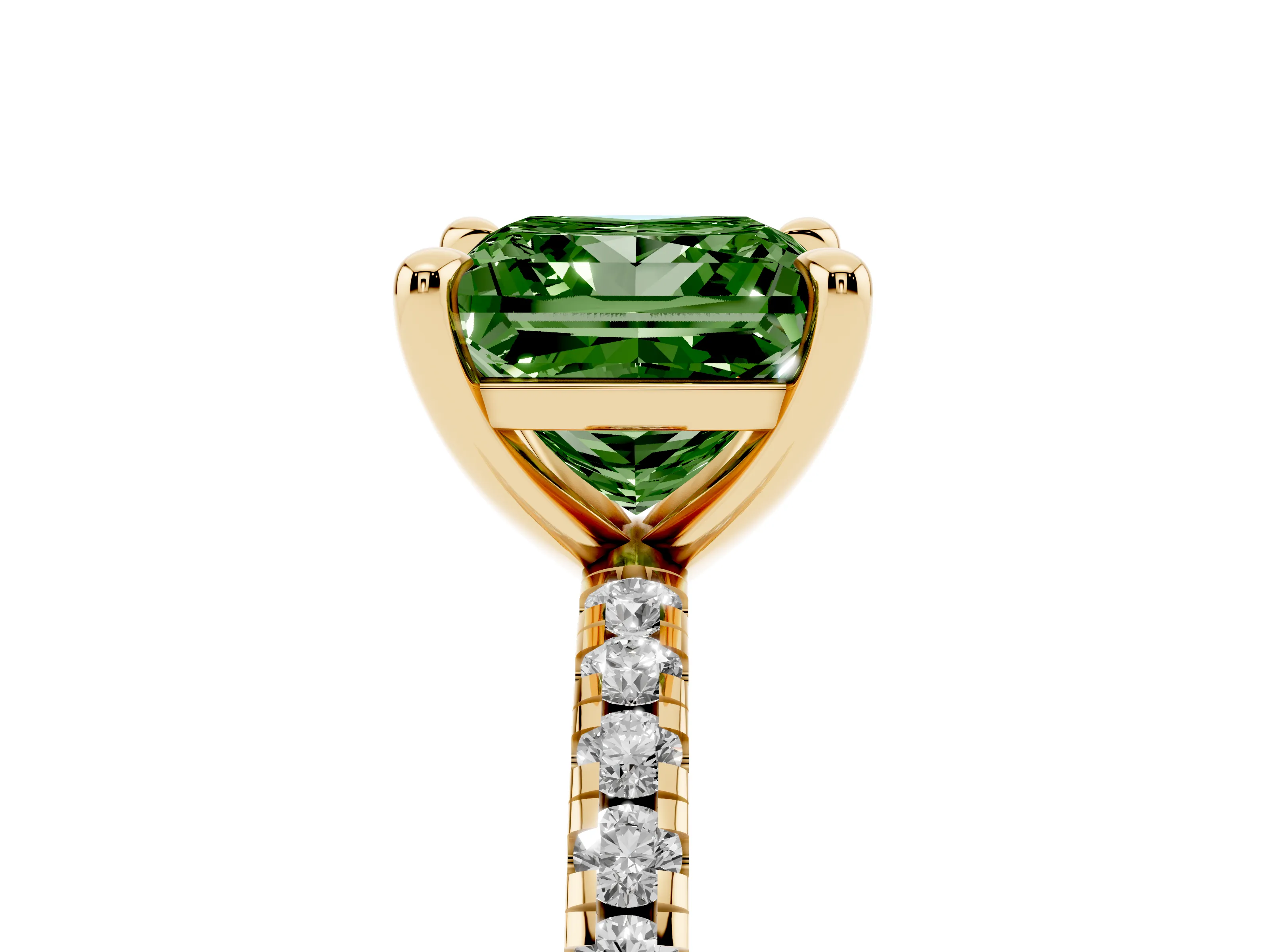 Fancy Green Princess Cut Diamond Brilliant Solitaire Ring Set in Yellow gold with Pavé Band and Prong Setting
