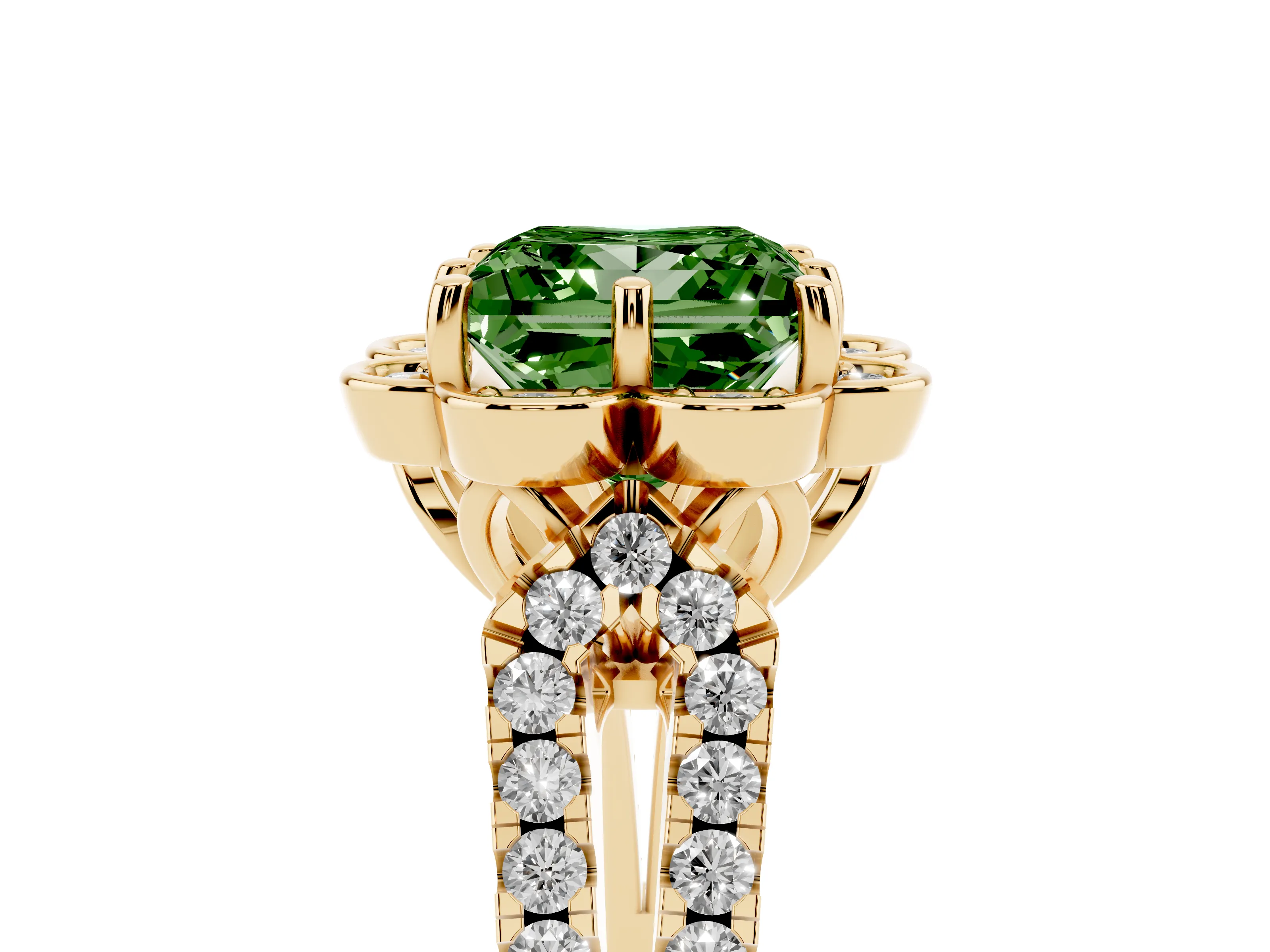 Fancy Green Princess Cut Diamond Floral Halo Split Shank Engagement Ring Set in Yellow gold with Pavé Shank
