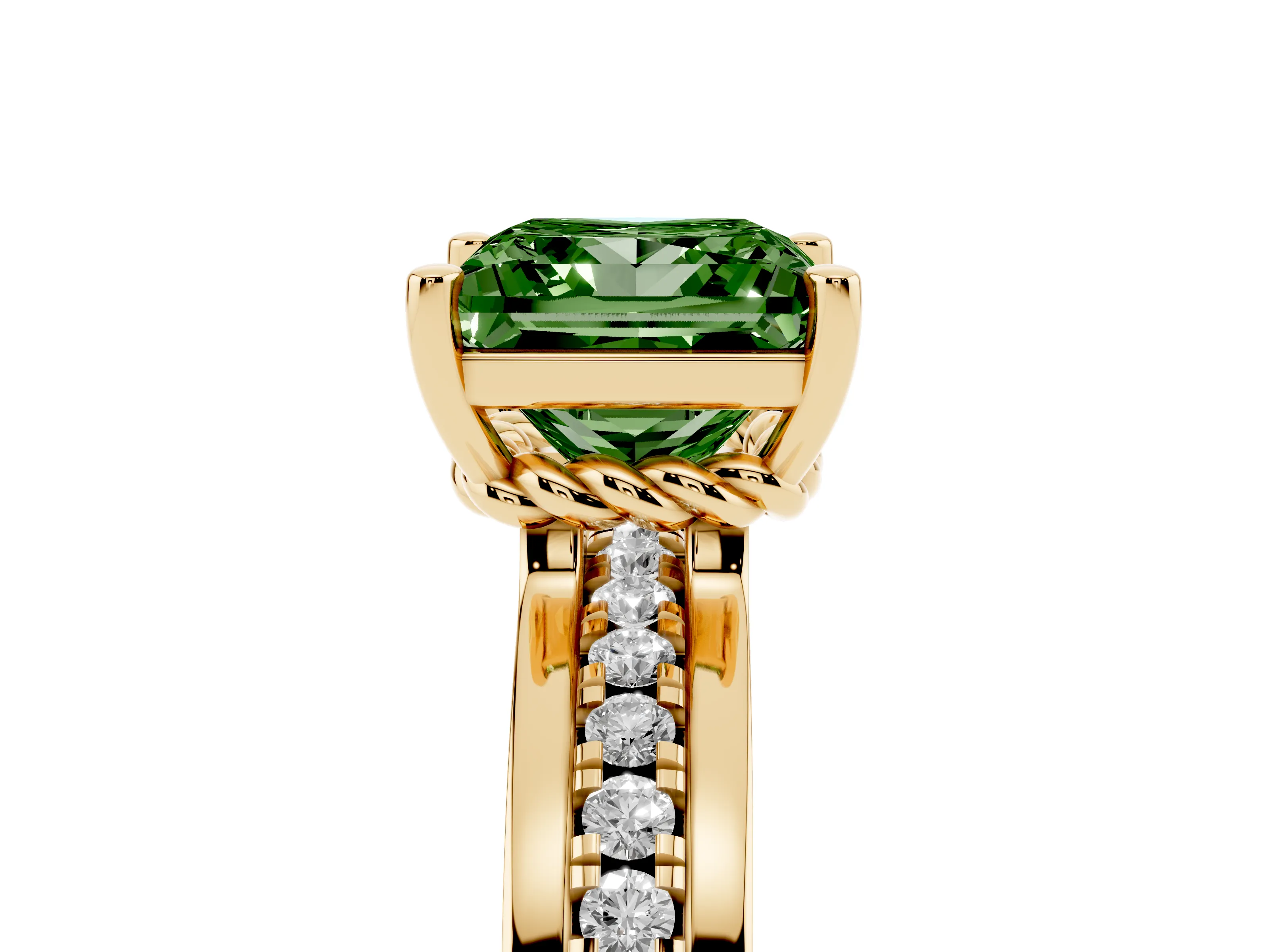 Fancy Green Princess Cut Diamond Solitaire Ring Set in Yellow gold with Channel Set Band and Prong Setting