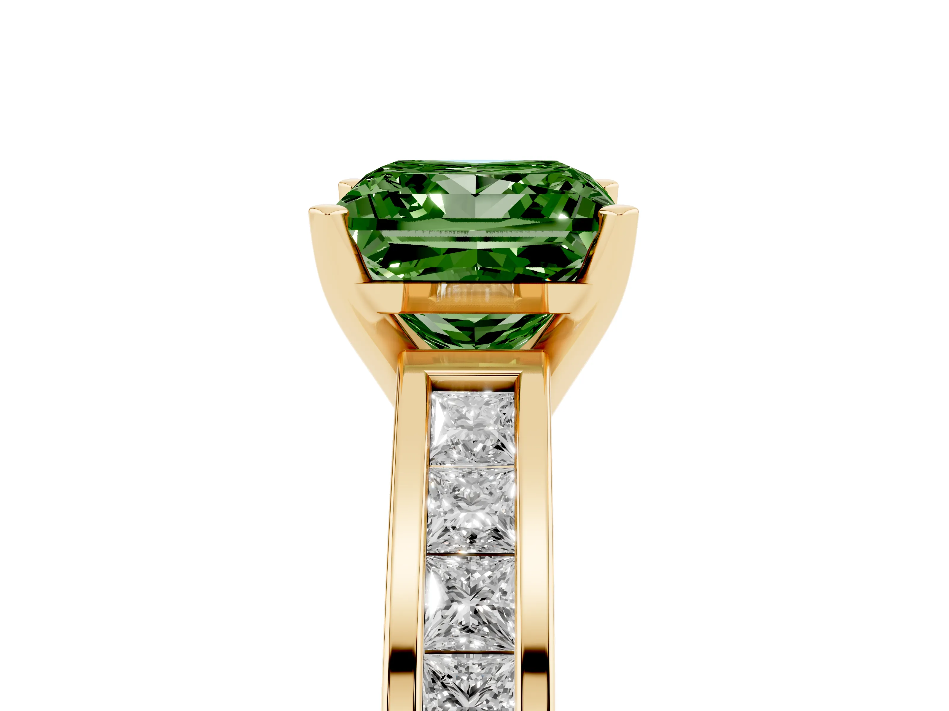 Fancy Green Princess Cut Diamond Solitaire Ring Set in Yellow gold with Channel-Set Band and Prong Setting