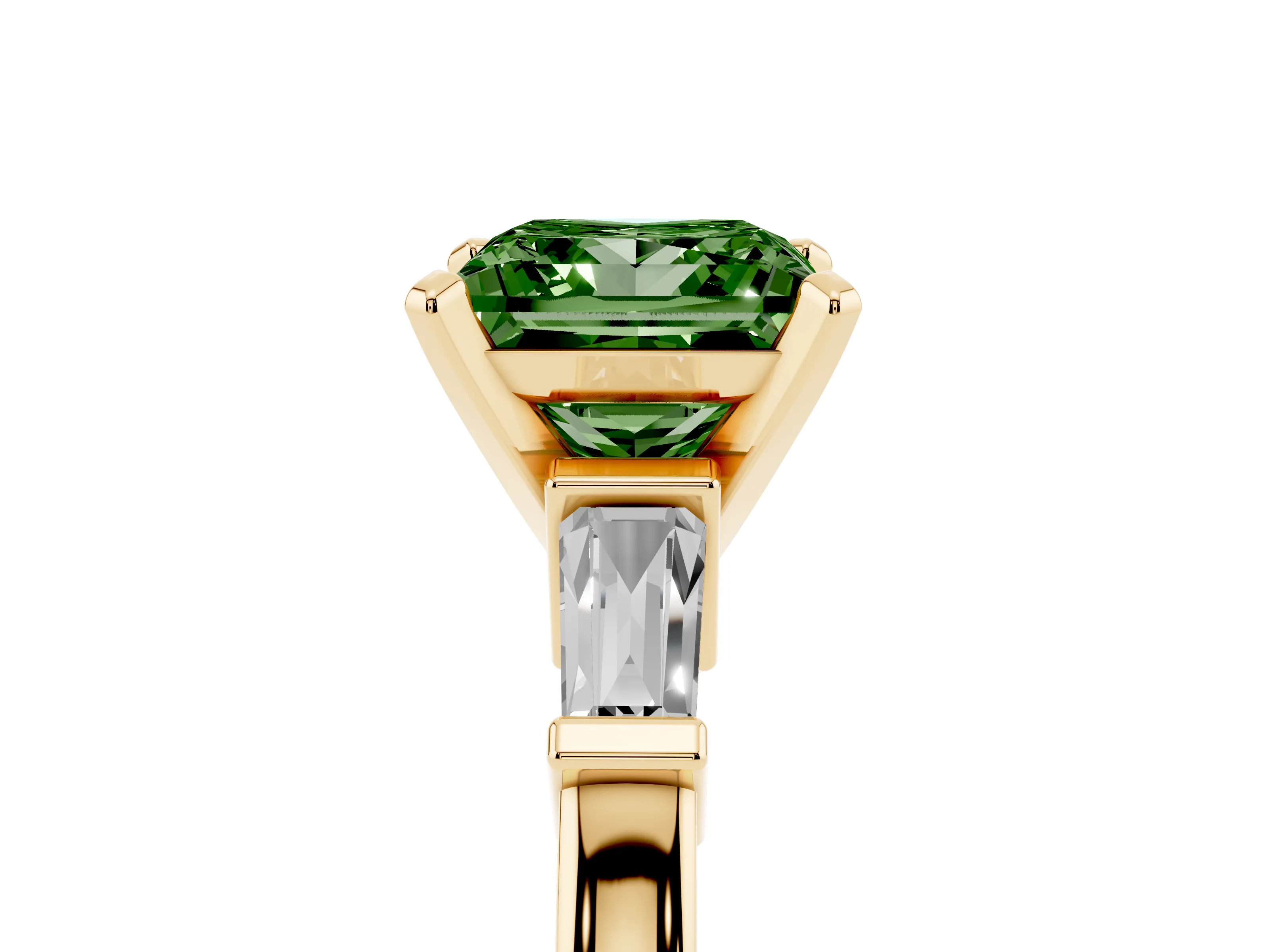 Fancy Green Princess Cut Diamond Solitaire Ring Set in Yellow gold with Tapered Baguette Accents and Prong Setting