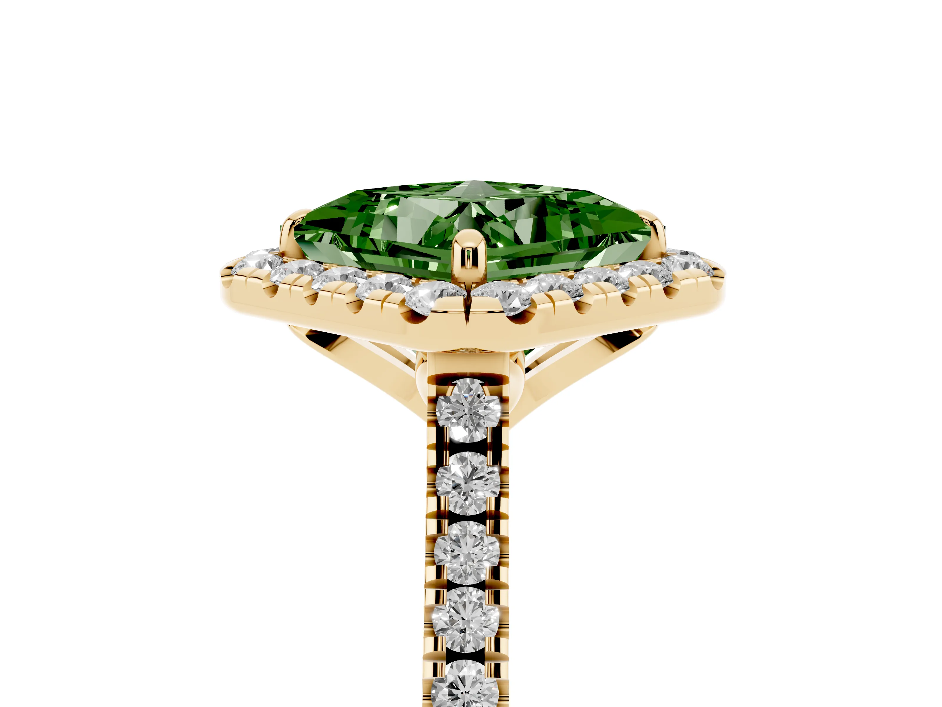 Fancy Green Princess Cut Diamond Cushion Halo Ring Set in Yellow gold with Pavé Band