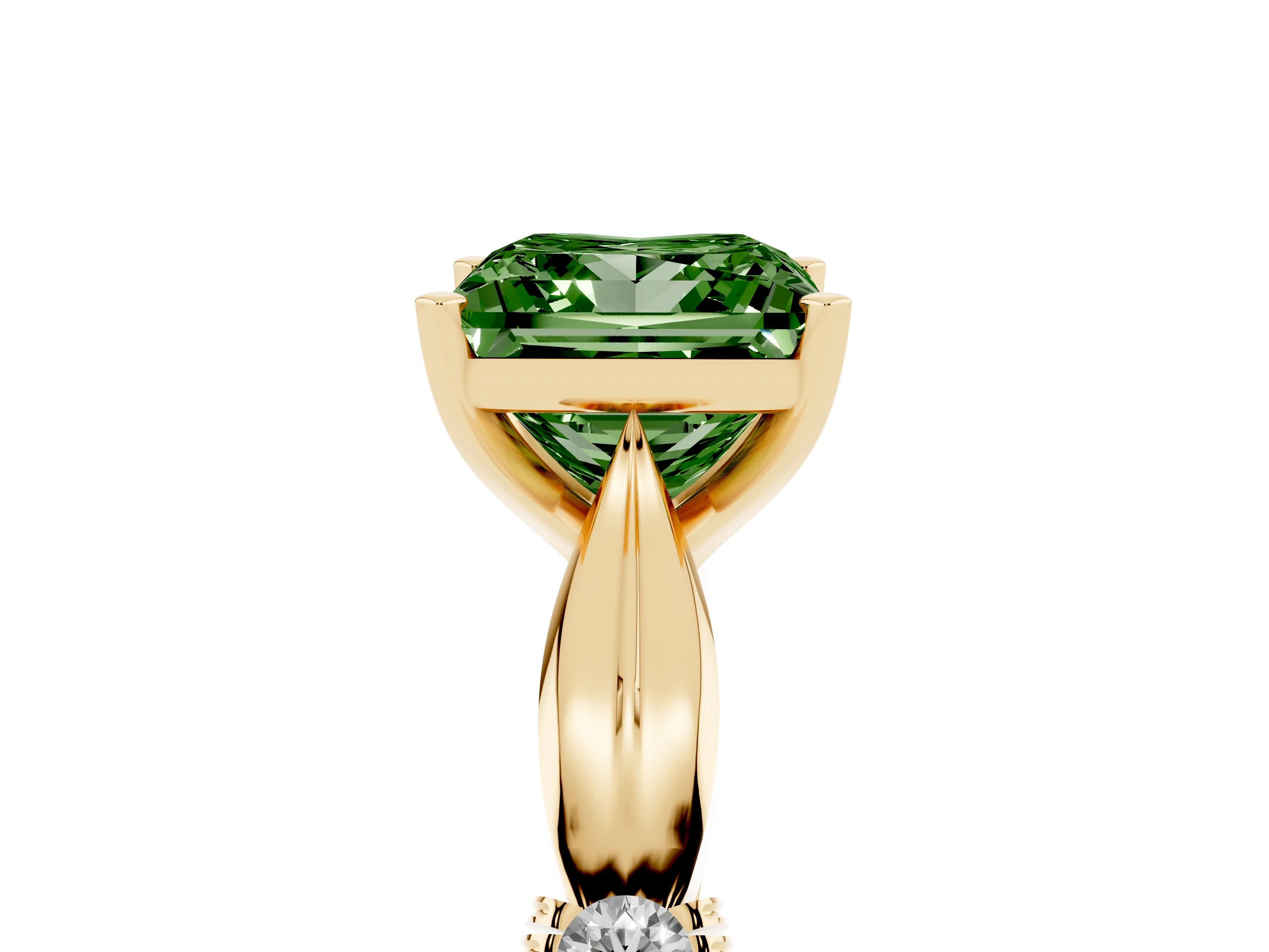 Fancy Green Princess Cut Diamond Solitaire Twisted Band Ring Set in Yellow gold with Accent Stones and Prong Setting