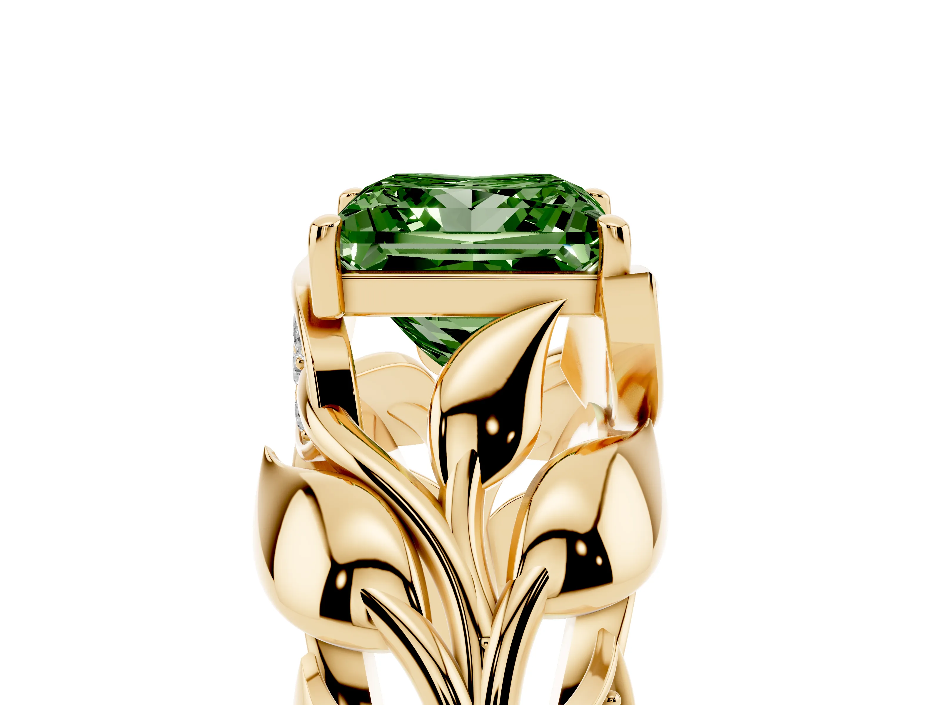Fancy Green Princess Cut Diamond Leaf-Inspired Engagement Ring Set in Yellow gold with Round Accents