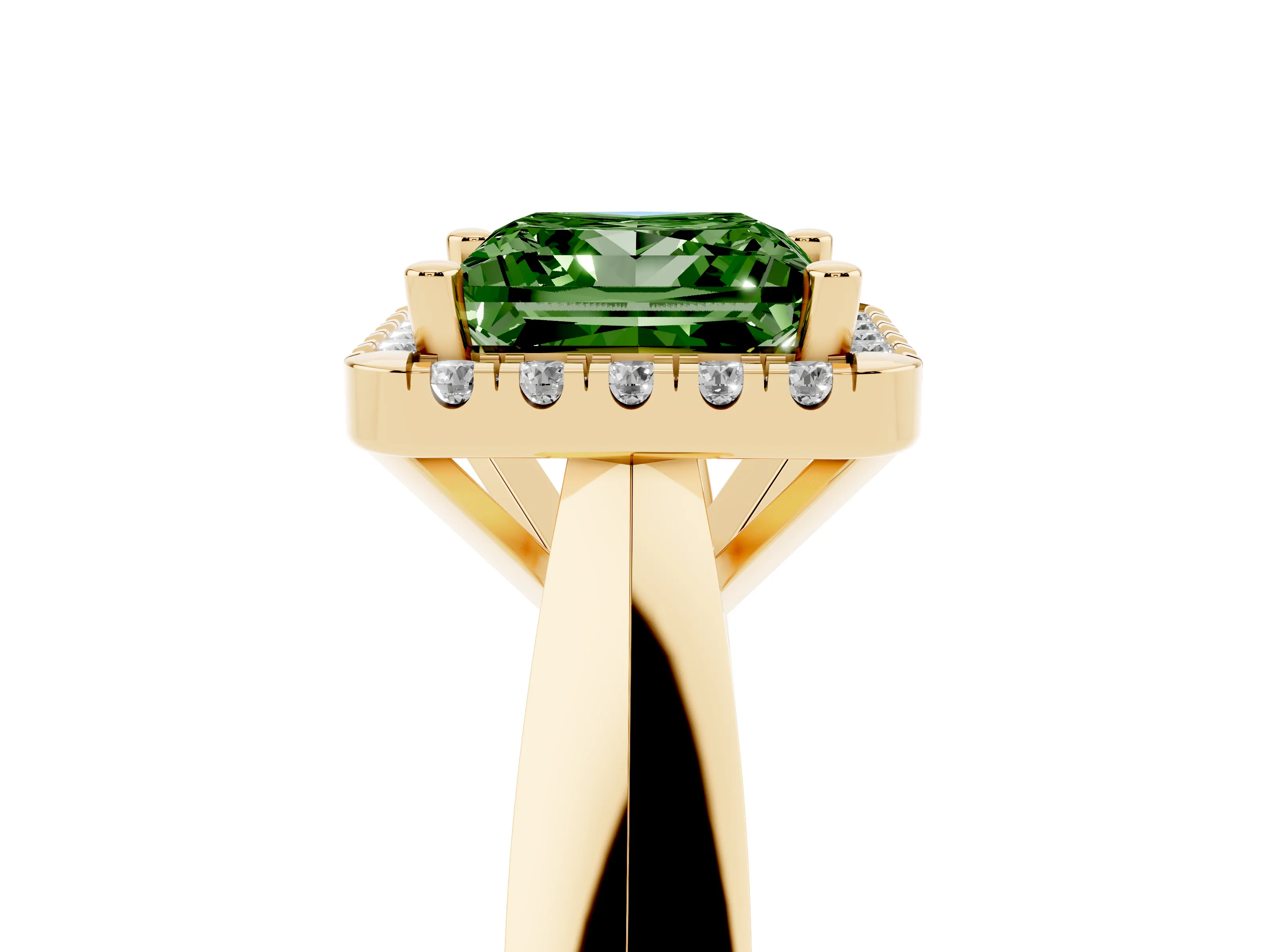 Fancy Green Princess Cut Diamond Halo Solitaire Engagement Ring Set in Yellow gold with Square Band and Prong Setting