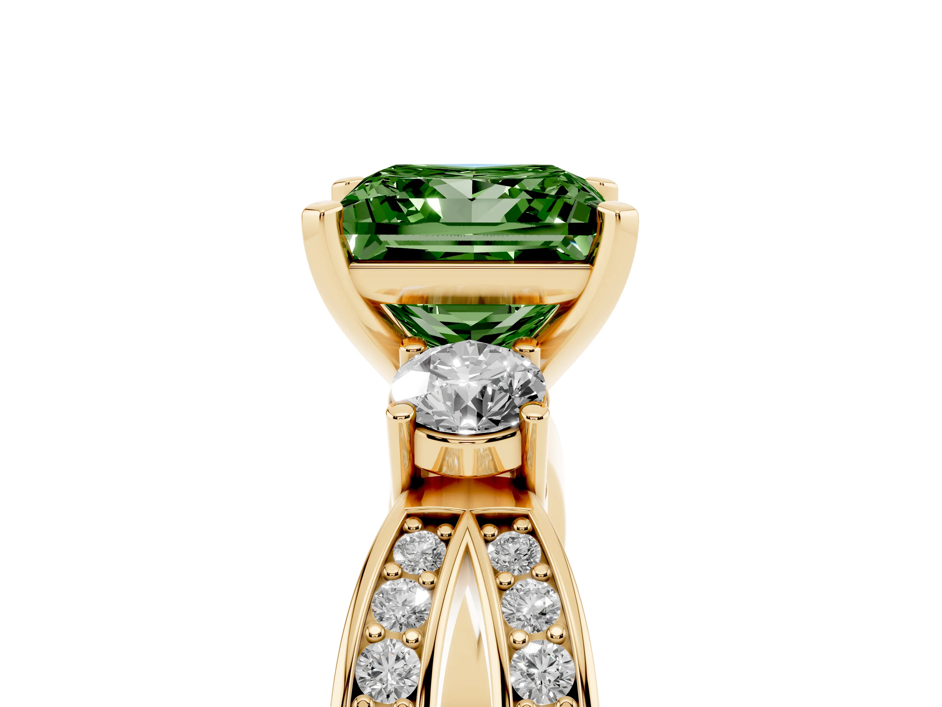 Fancy Green Three-Stone Princess Cut Diamond Twist Band Ring Set in Yellow gold with Pavé Accents and Prong Setting