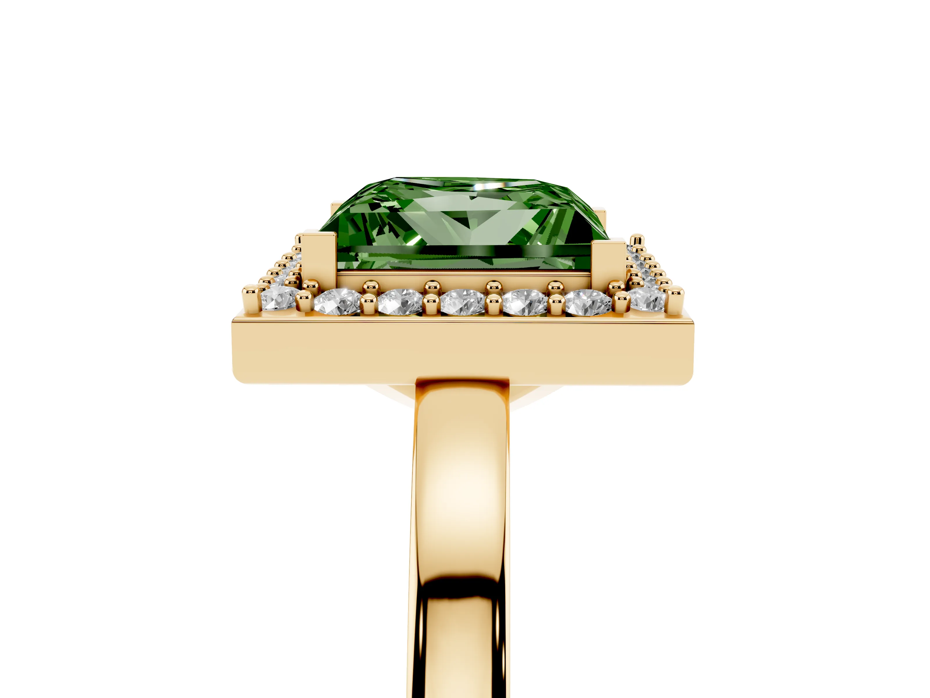 Fancy Green Princess Cut Diamond Halo Ring Set in Yellow gold with Solitaire Band and Prong Setting