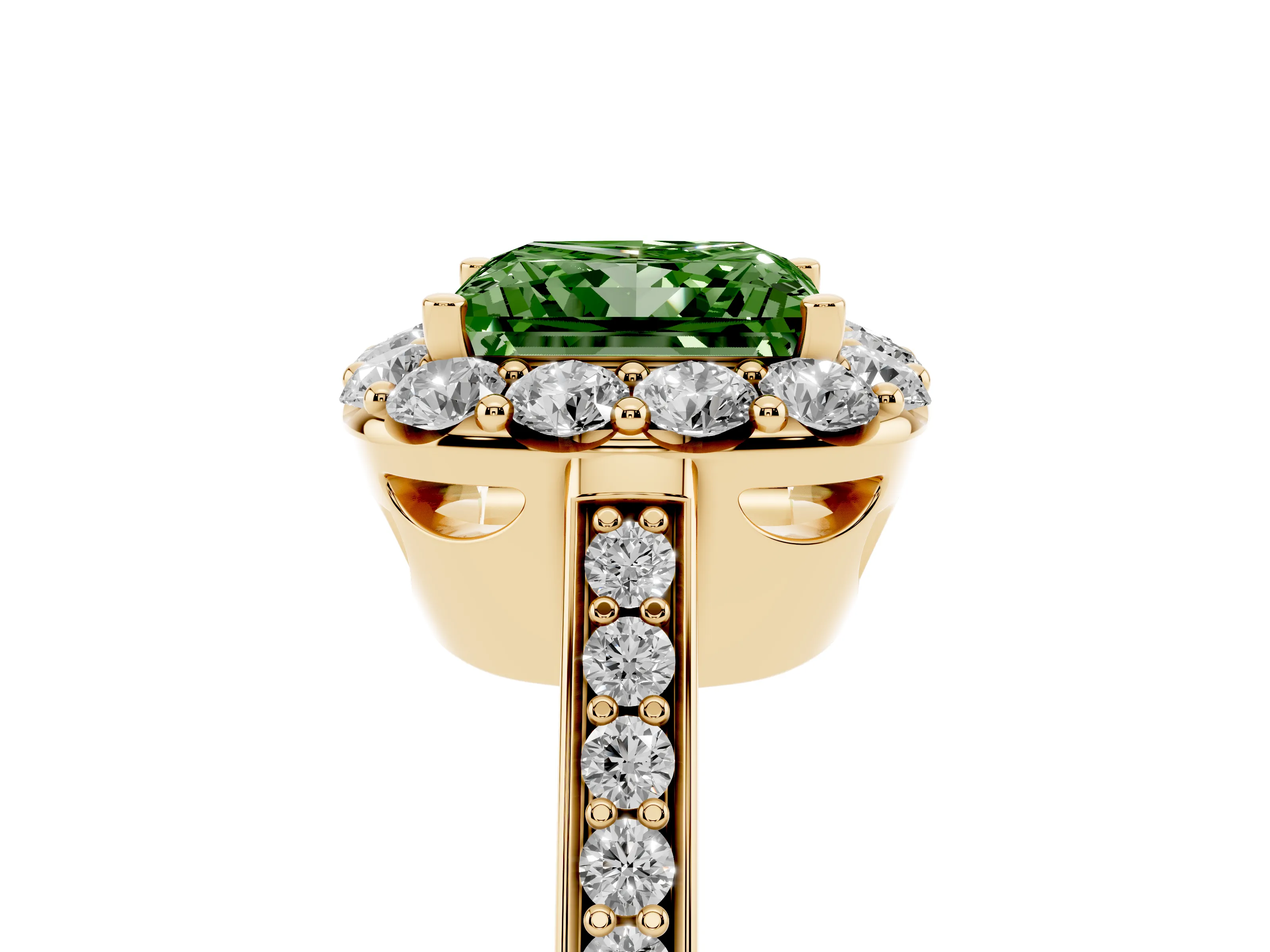 Fancy Green Princess Cut Diamond Floral Halo Ring Set in Yellow gold with Pavé Band and Prong Setting