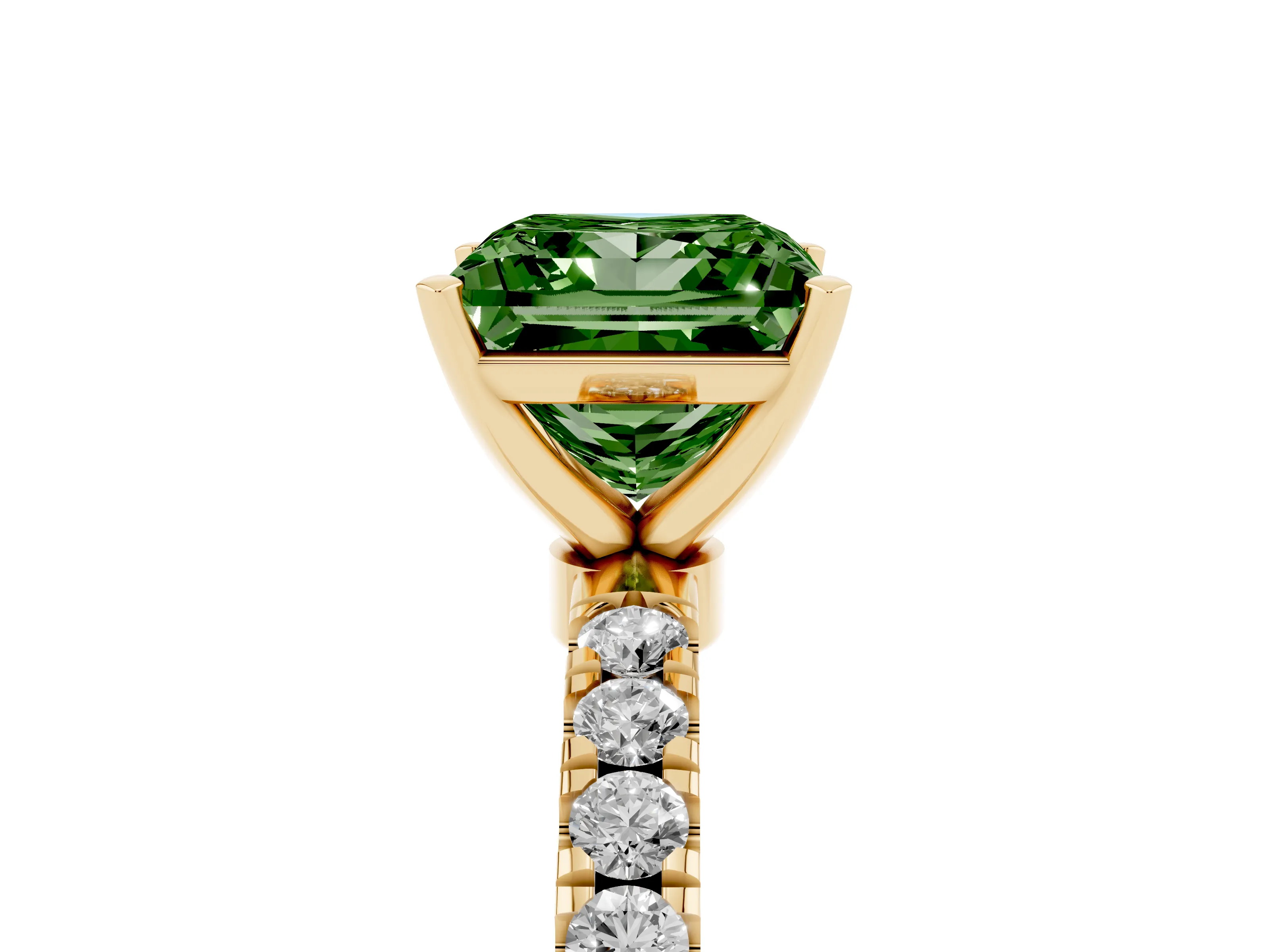 Fancy Green Princess Cut Diamond Solitaire Ring Set in Yellow gold with Pavé Accents and Prong Setting
