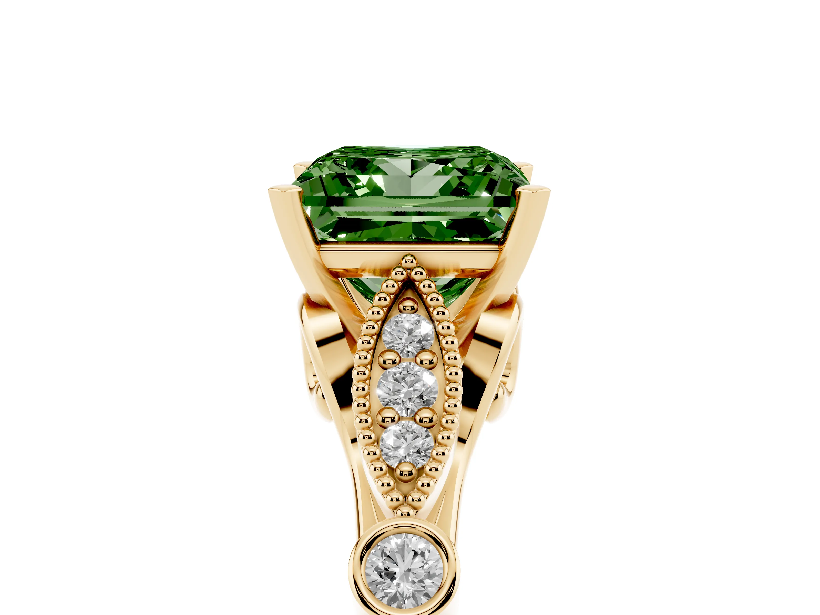 Fancy Green Princess Cut Diamond Solitaire Ring Set in Yellow gold with Milgrain Marquise and Bezel Accents