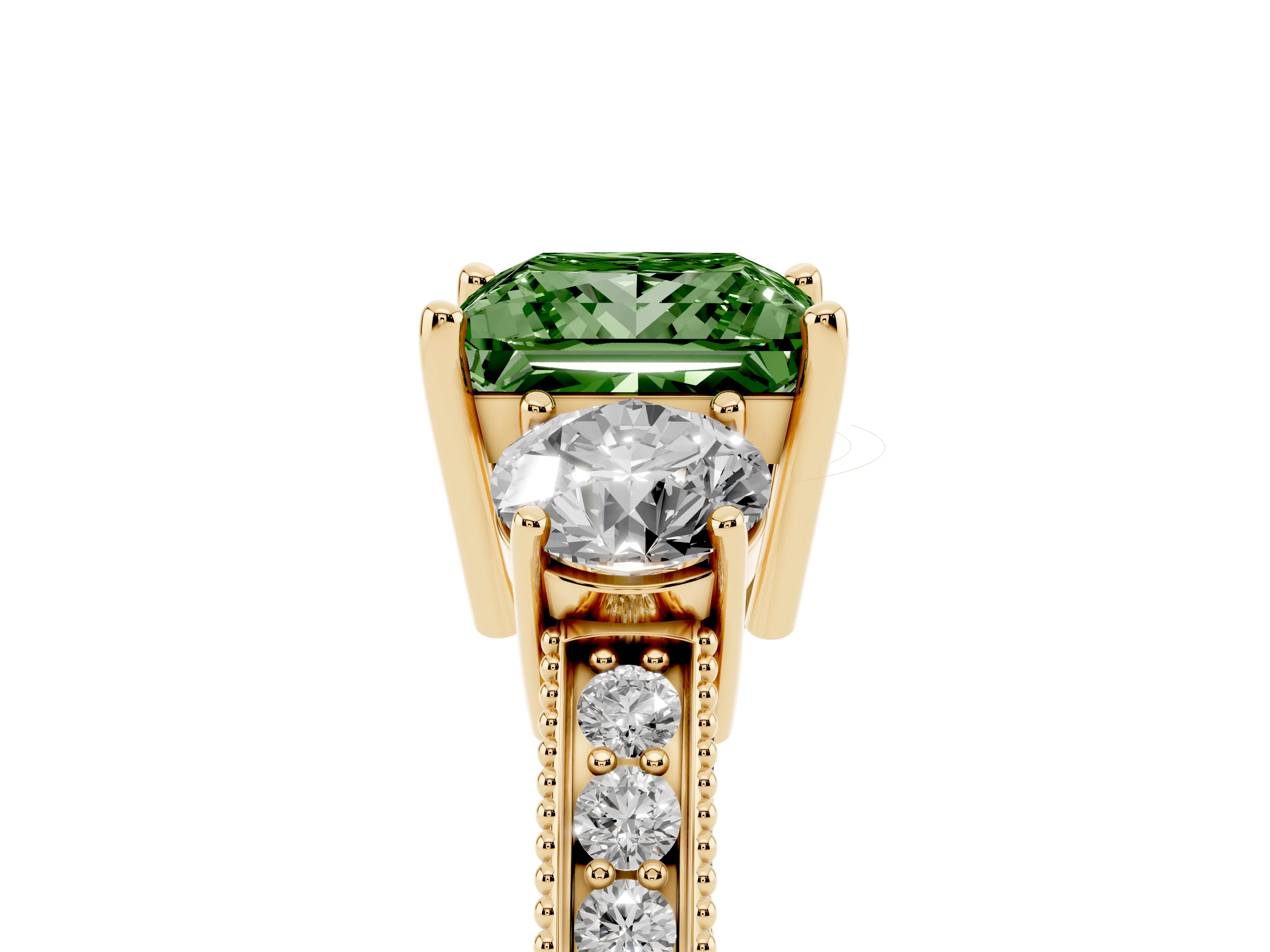 Fancy Green Princess Cut Diamond Three-Stone Ring Set in Yellow gold with Round Side Stones and Pavé Band
