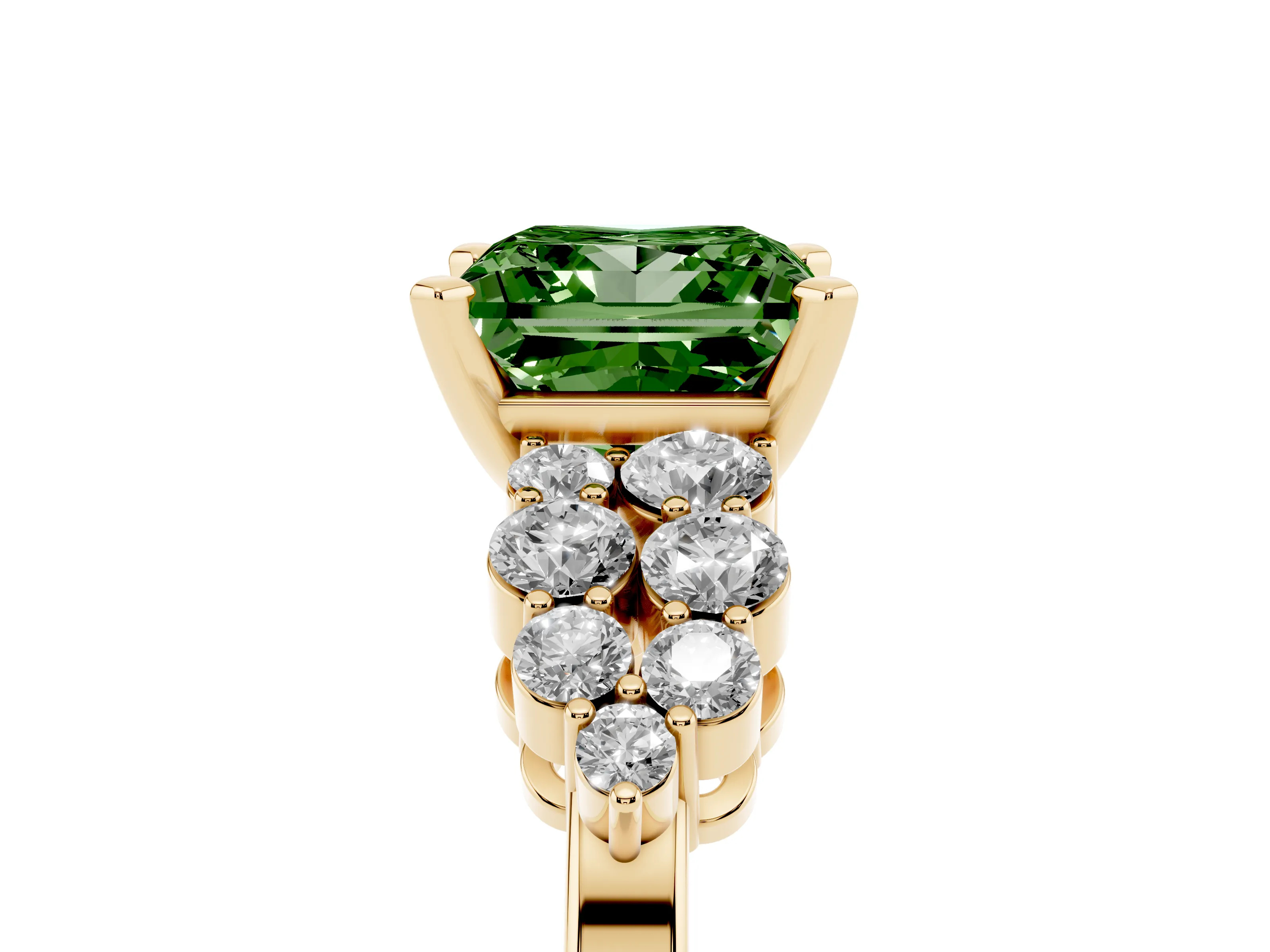 Fancy Green Princess Cut Diamond Cluster Engagement Ring Set in Yellow gold with Pavé Band and Prong Setting