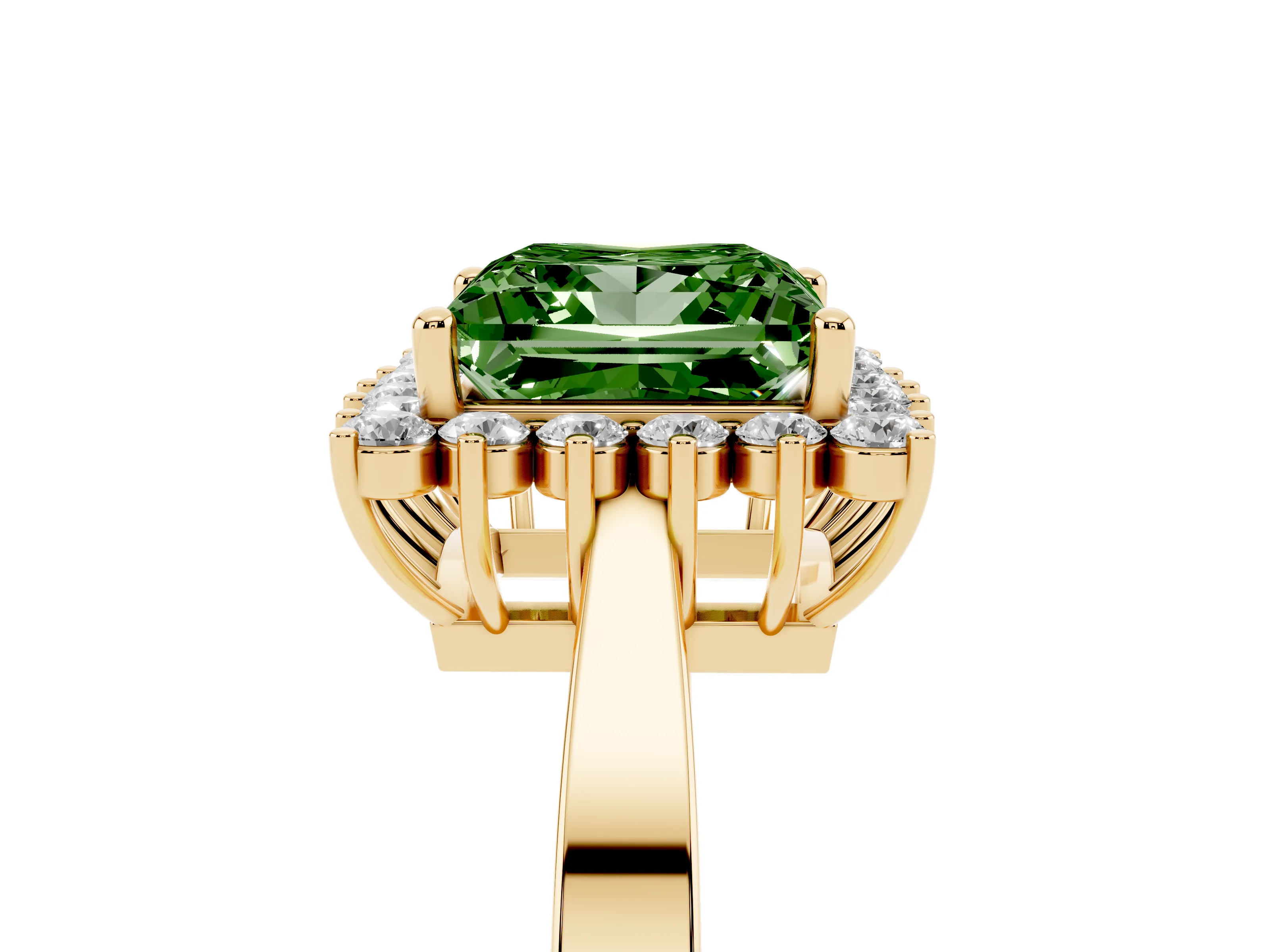 Fancy Green Princess Cut Diamond Halo Ring Set in Yellow gold with Round Halo and Smooth Solitaire Band