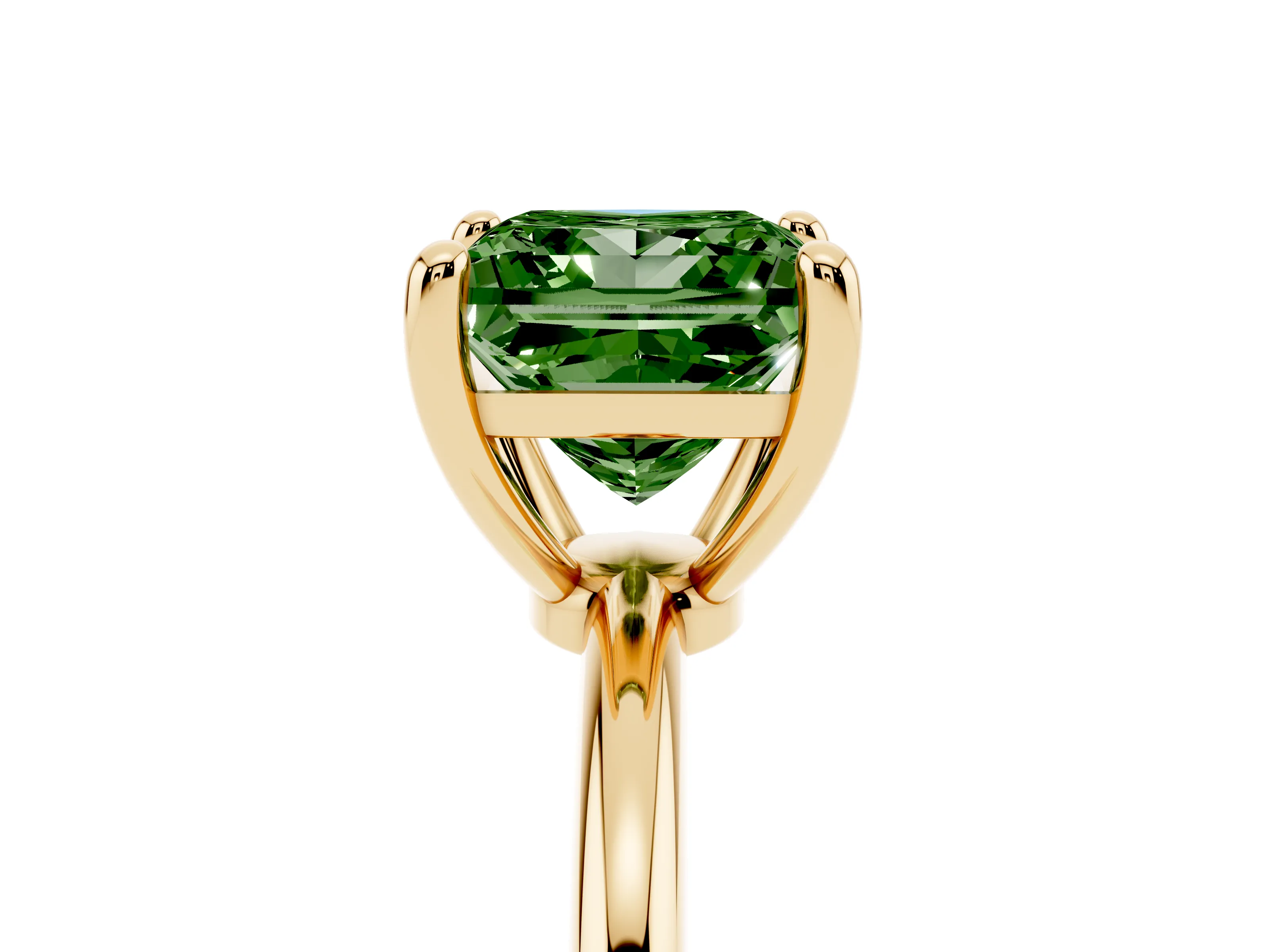 Fancy Green Princess Cut Diamond Solitaire Ring Set in Yellow gold with Secure Prong Setting on a Classic Band