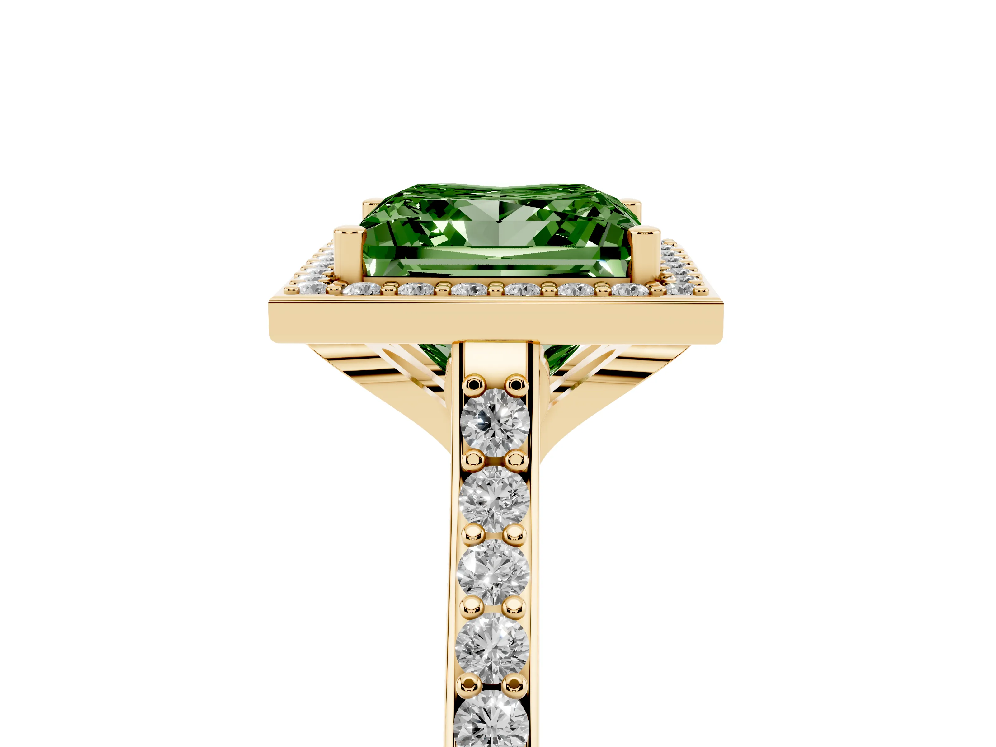 Fancy Green Princess Cut Diamond Halo Engagement Ring Set in Yellow gold with Round Pavé Shoulders and Heart Gallery